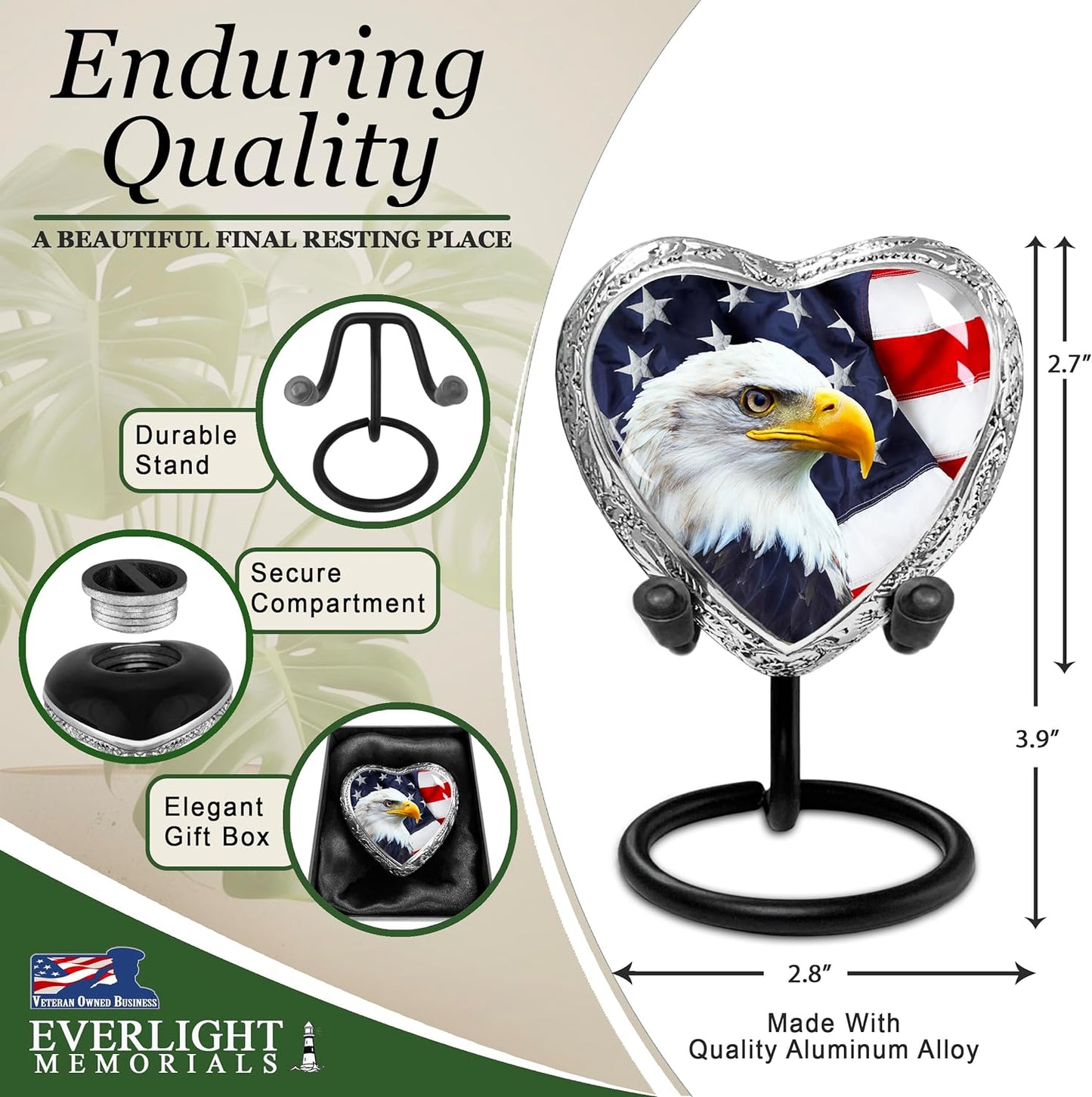 Heart Shaped Small Keepsake Cremation Urns for Human Ashes - American Eagle