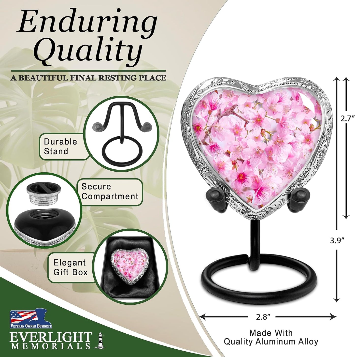 Heart Shaped Small Keepsake Cremation Urns for Human Ashes - Cherry Blossom