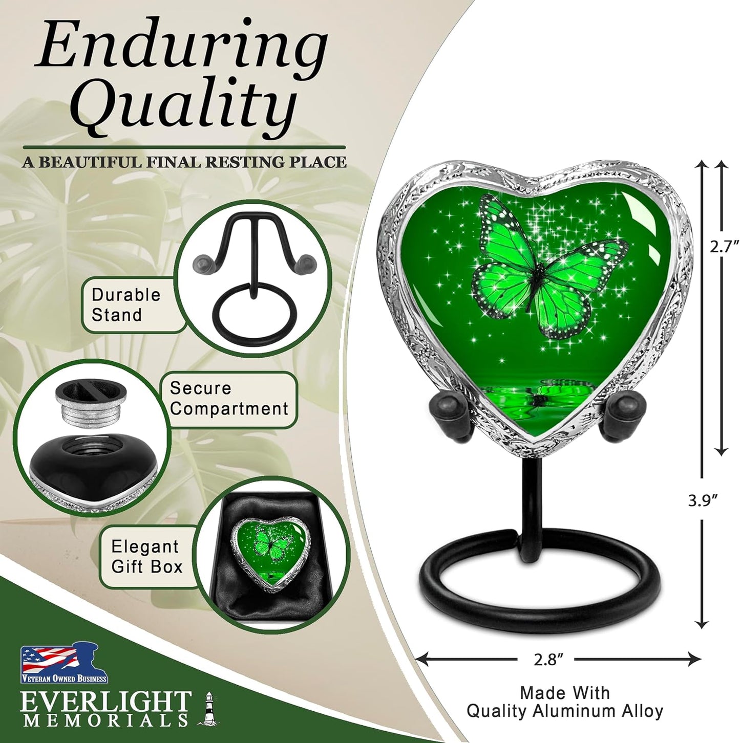 Heart Shaped Small Keepsake Cremation Urns for Human Ashes - Green Butterfly