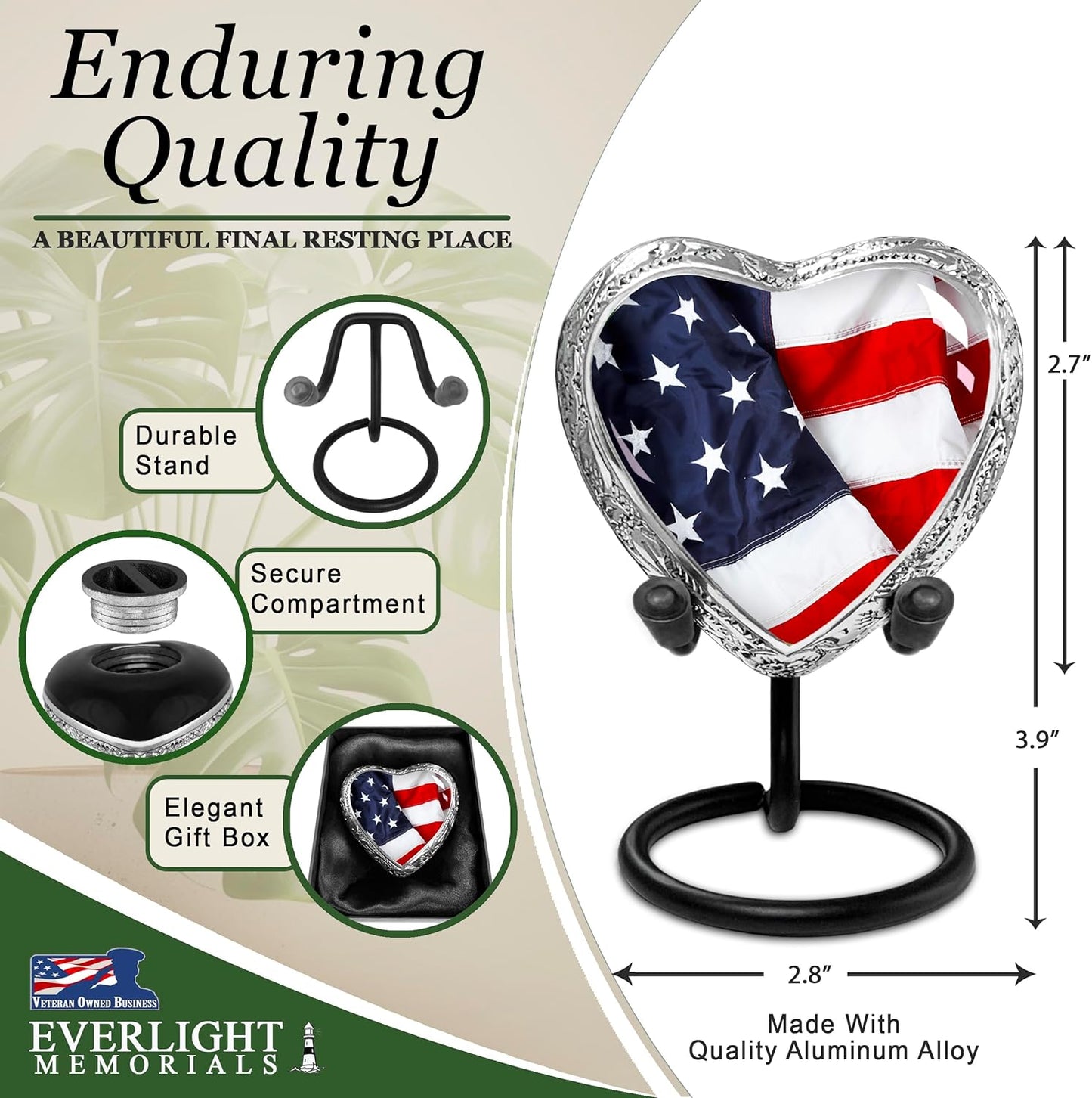 Heart Shaped Small Keepsake Cremation Urns for Human Ashes - American Flag