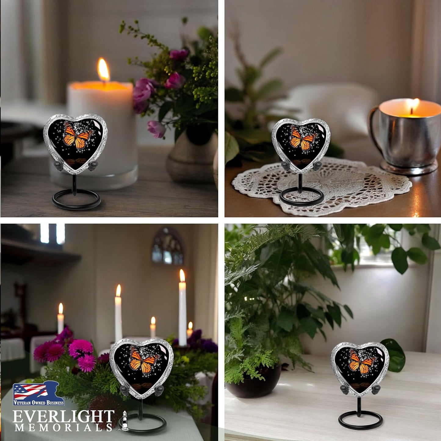 Heart Shaped Small Keepsake Cremation Urns for Human Ashes - Black Butterfly