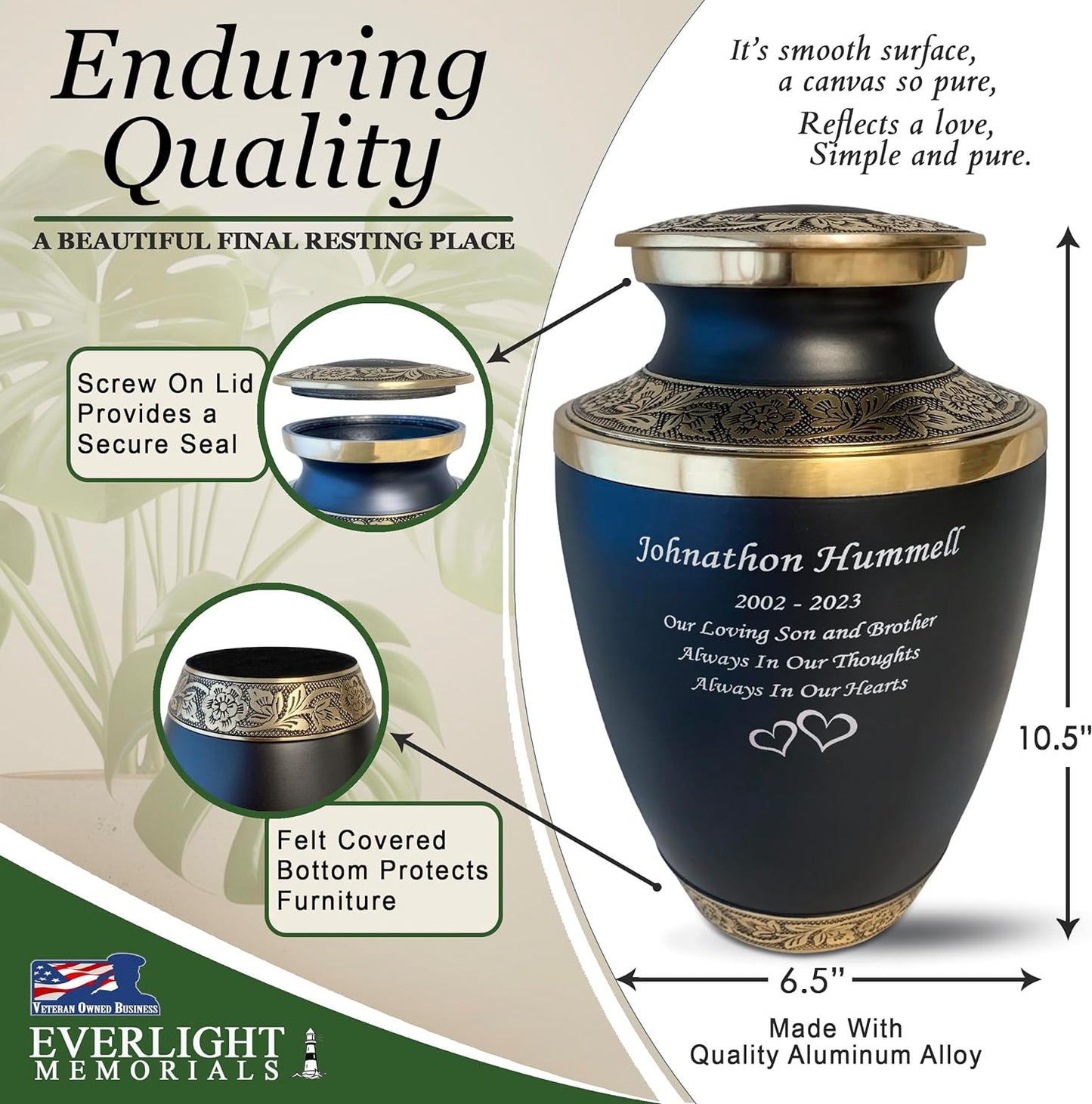 Personalized Cremation Urns for Human Ashes - Grecian Classic Matte Black