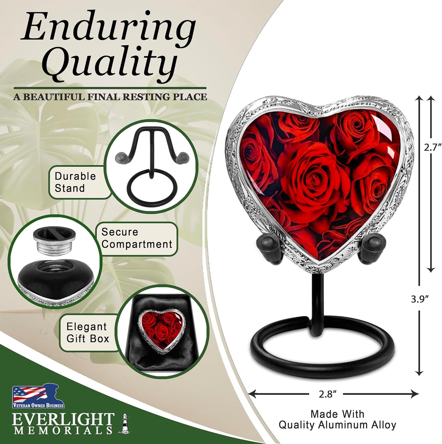 Heart Shaped Small Keepsake Cremation Urns for Human Ashes - Eternal Roses