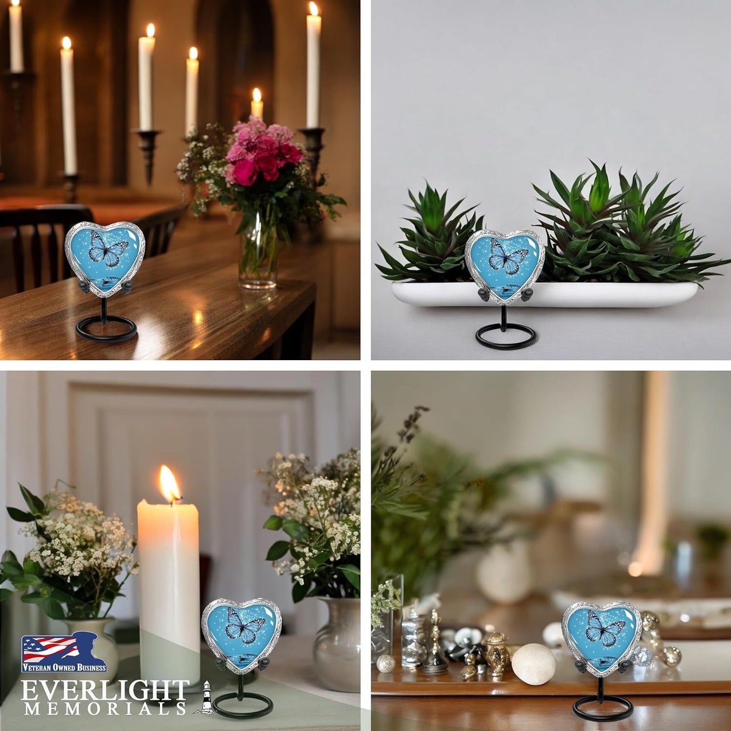 Heart Shaped Small Keepsake Cremation Urns for Human Ashes - Light Blue Butterfly