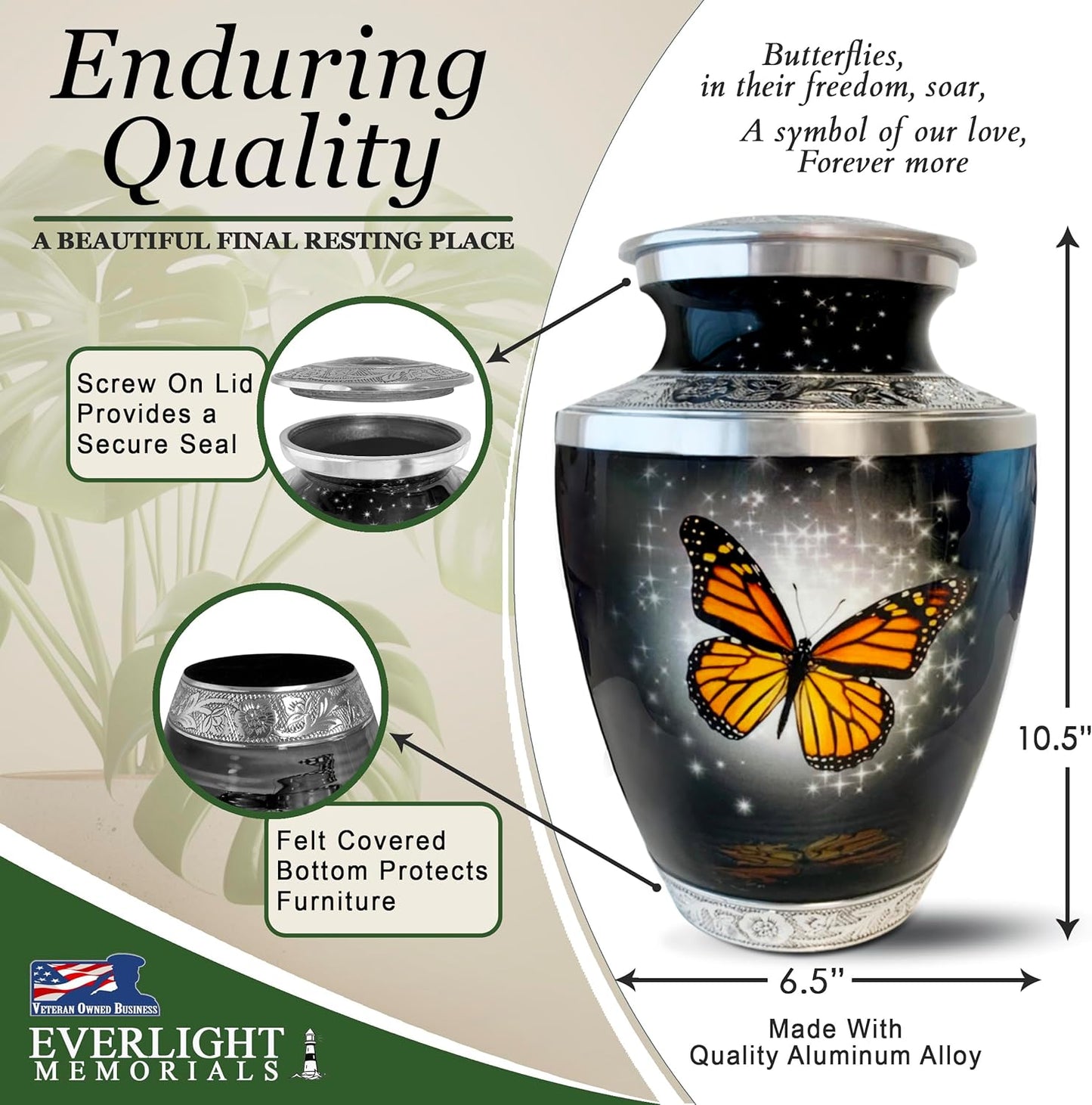 Black Butterfly Cremation Urn for Ashes, Large with Velvet Bag