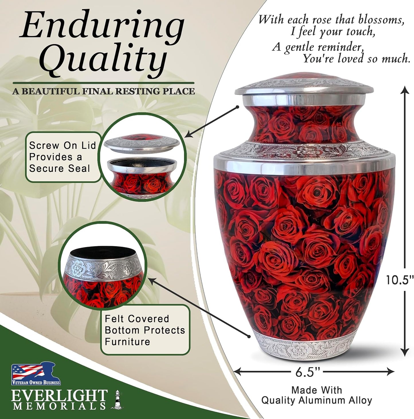 Eternal Roses Adult Cremation Urn for Human Ashes, Large with Velvet Bag