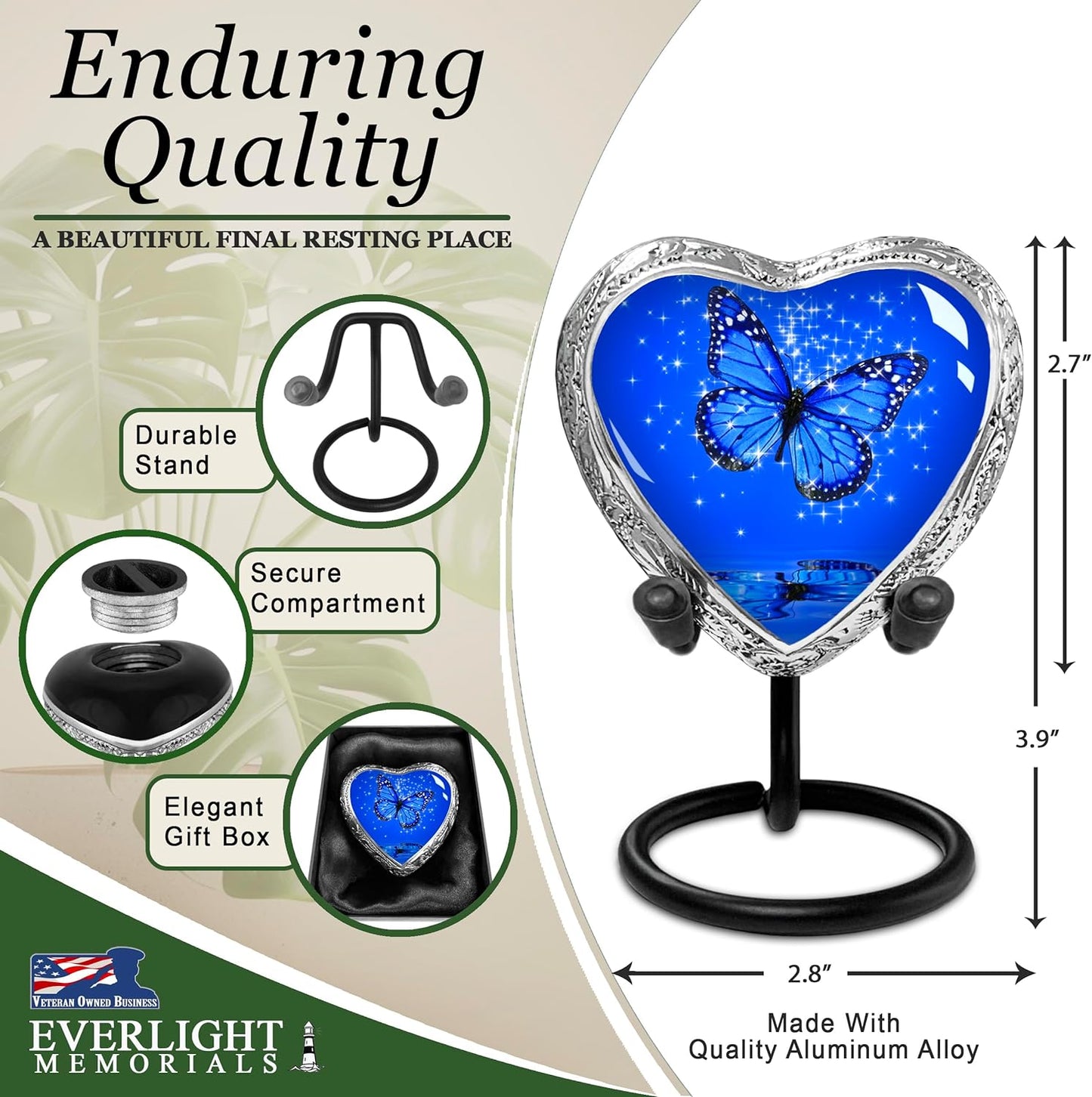 Heart Shaped Small Keepsake Cremation Urns for Human Ashes - Dark Blue Butterfly