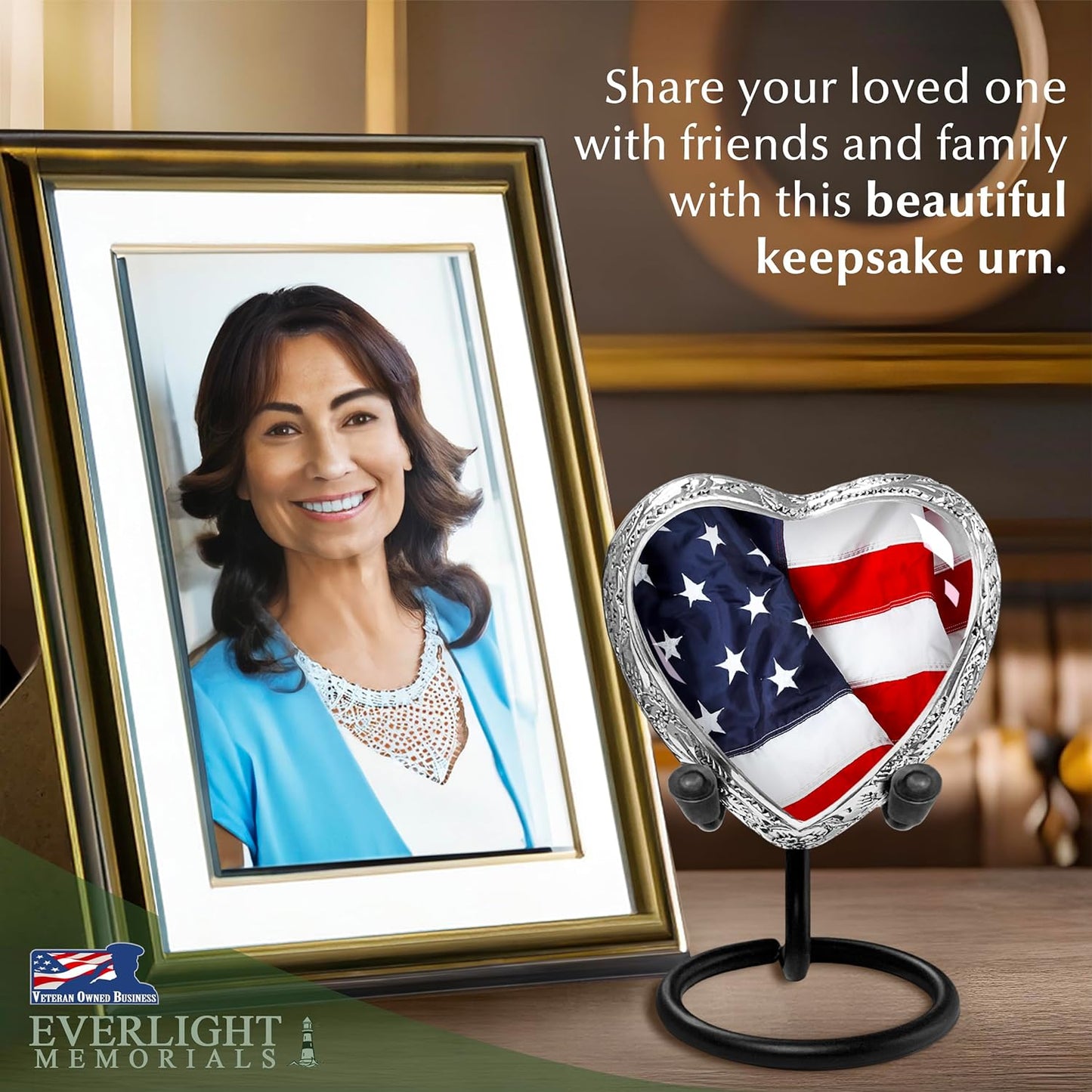 Heart Shaped Small Keepsake Cremation Urns for Human Ashes - American Flag