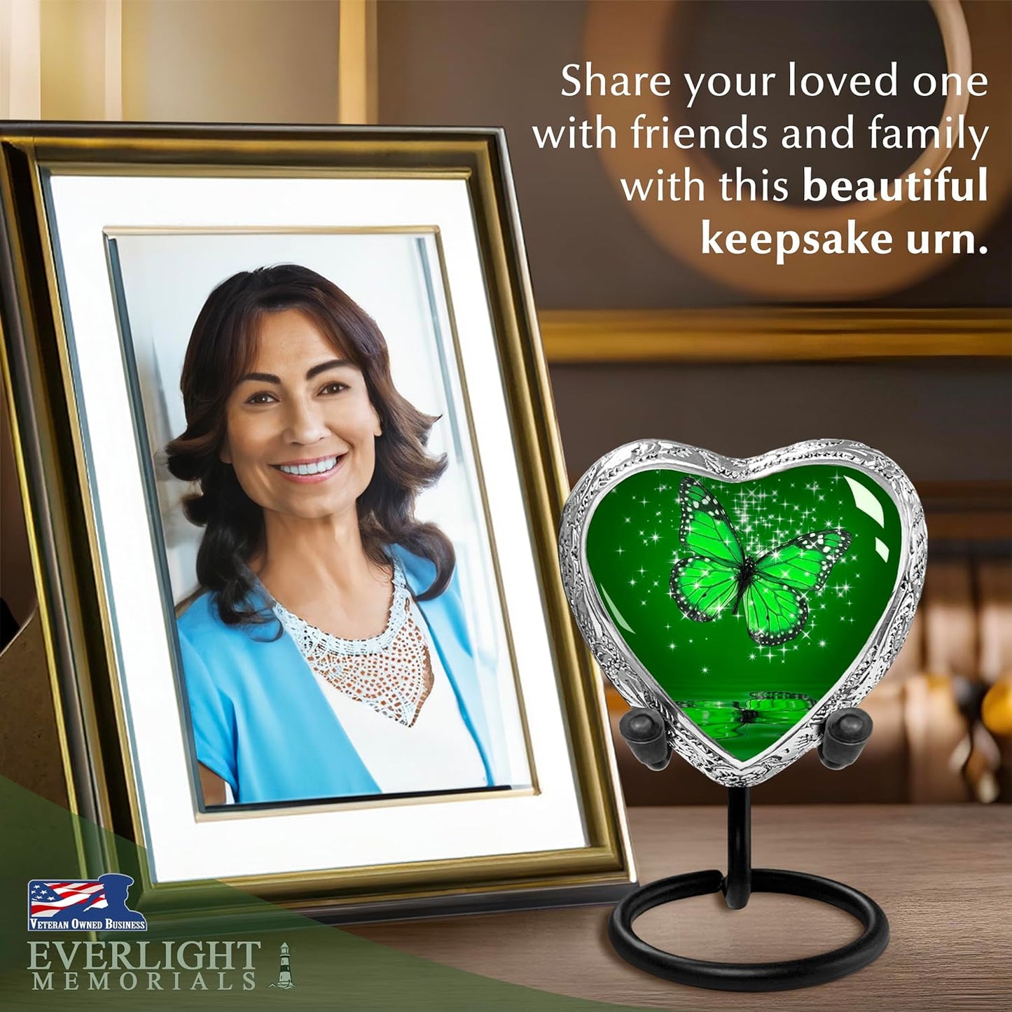 Heart Shaped Small Keepsake Cremation Urns for Human Ashes - Green Butterfly