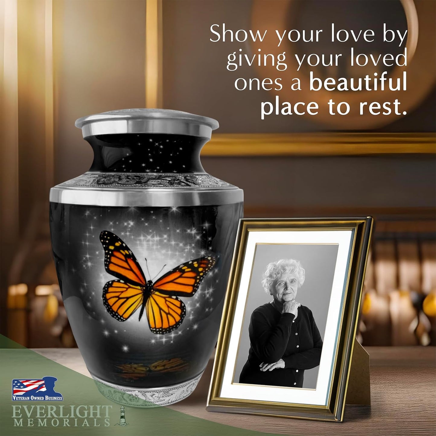 Black Butterfly Cremation Urn for Ashes, Large with Velvet Bag