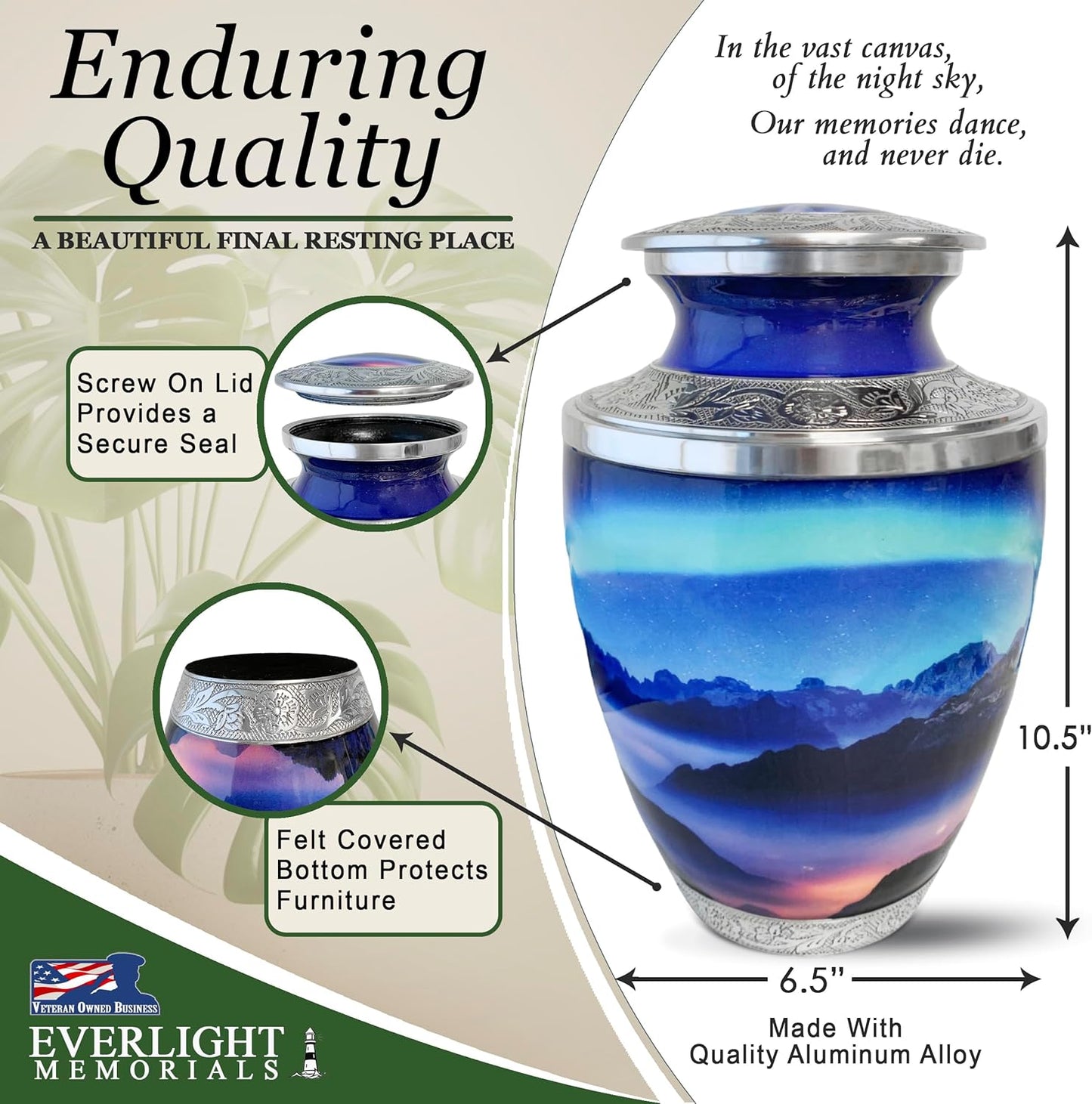 Aurora Borealis Cremation Urn for Human Ashes, Large with Velvet Bag