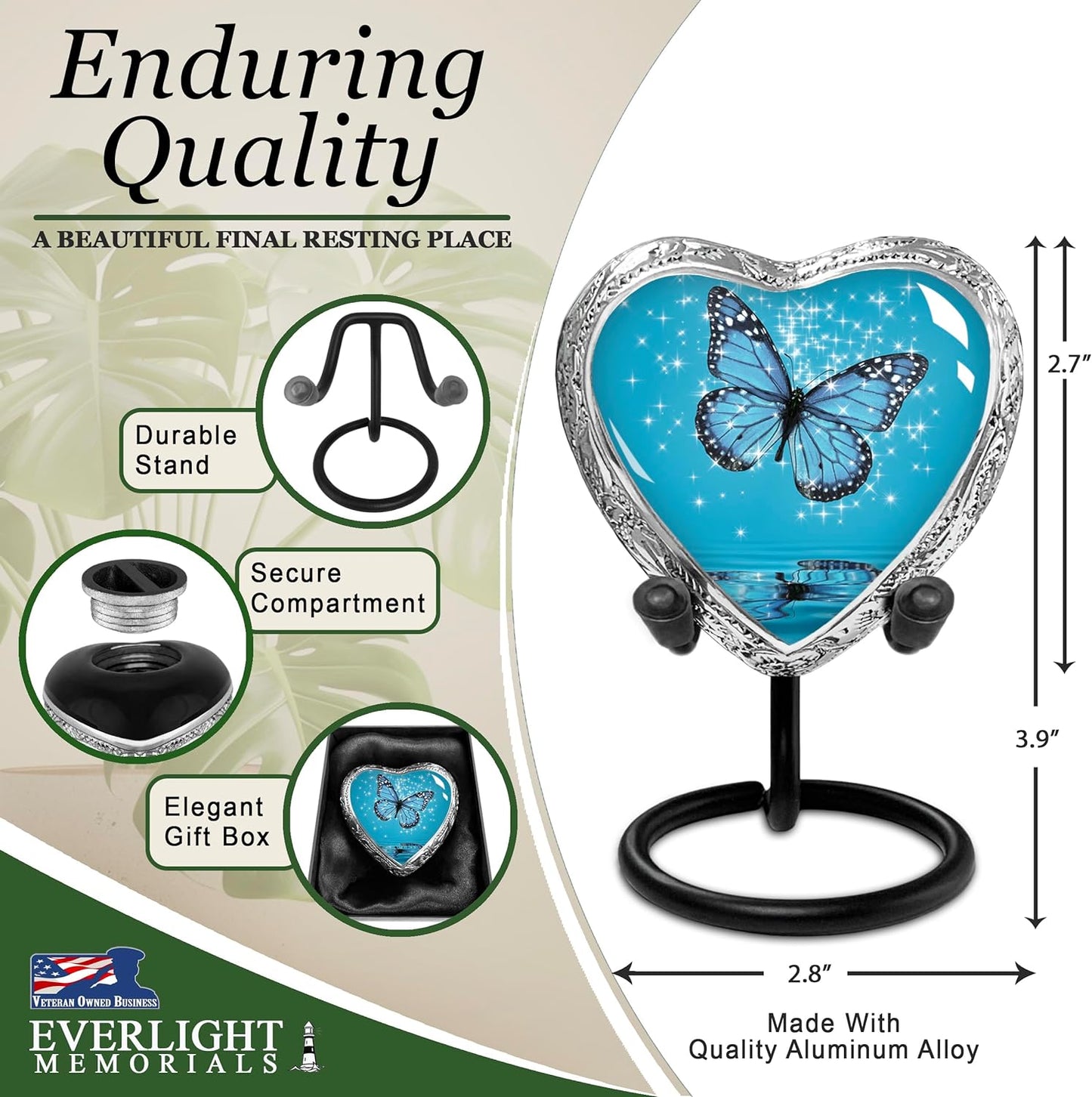 Heart Shaped Small Keepsake Cremation Urns for Human Ashes - Light Blue Butterfly