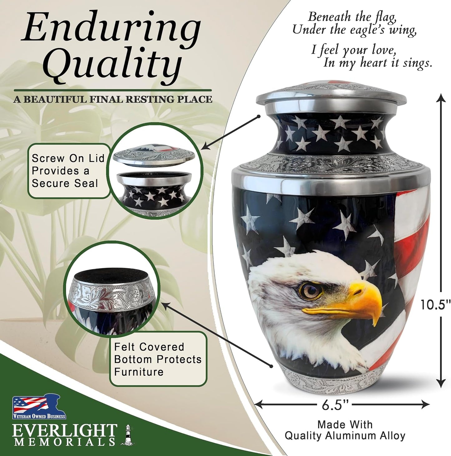 American Eagle Adult Cremation Urn for Human Ashes, Large with Velvet Bag