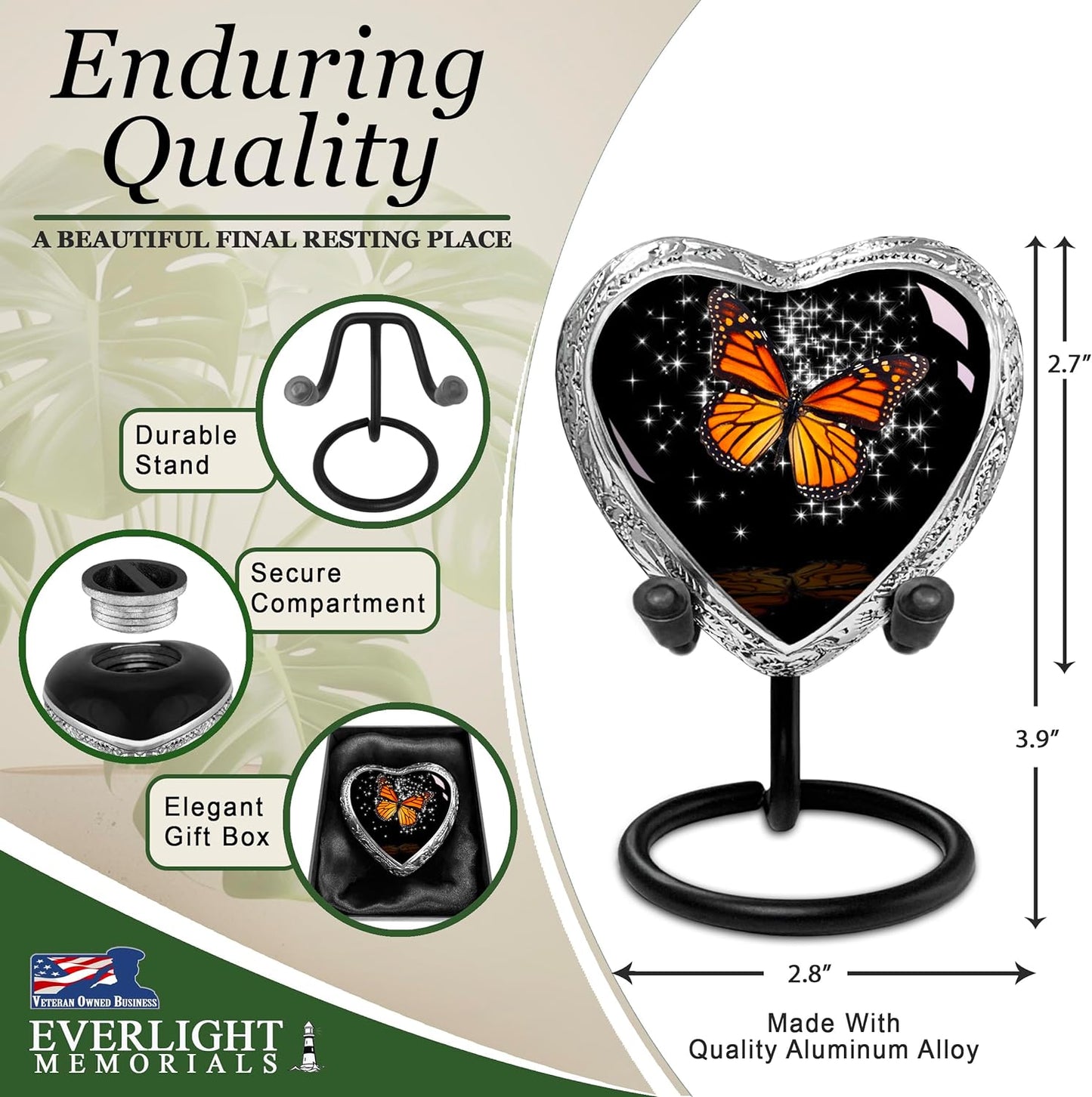 Heart Shaped Small Keepsake Cremation Urns for Human Ashes - Black Butterfly