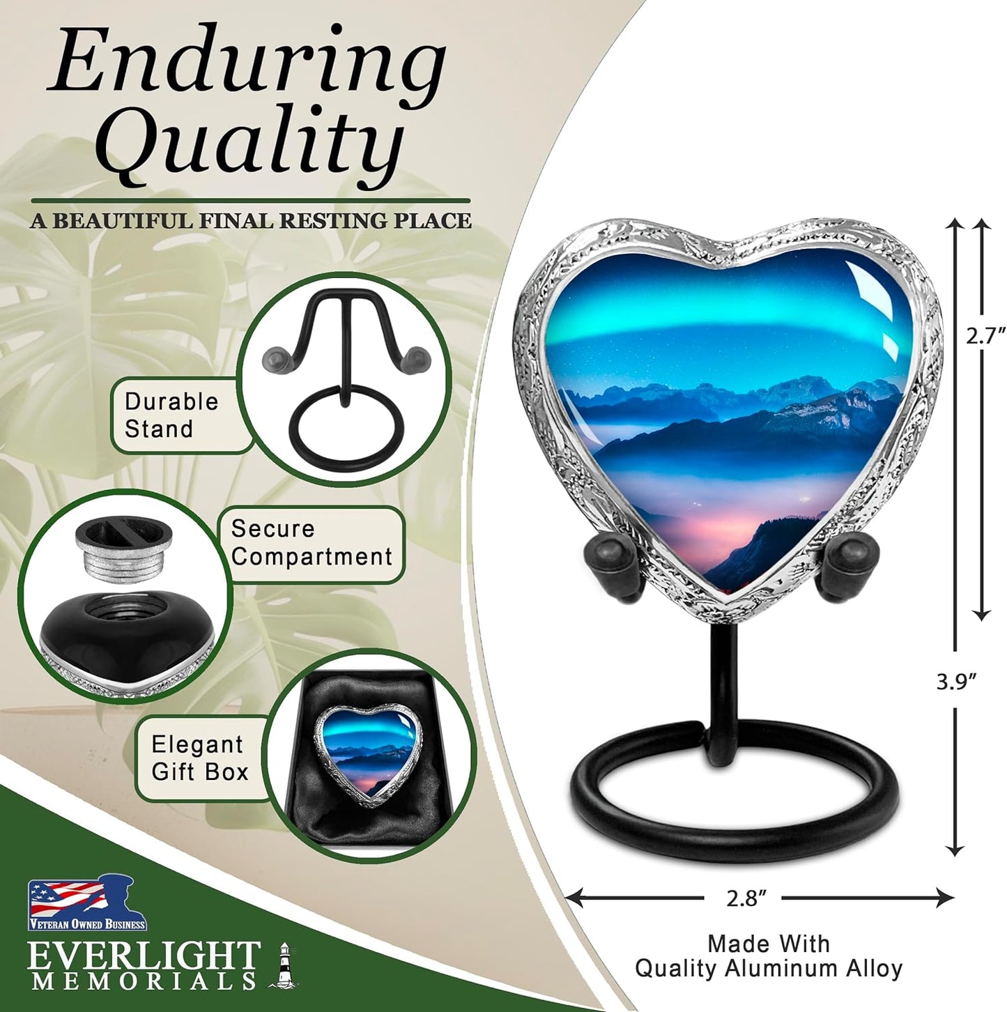 Heart Shaped Small Keepsake Cremation Urns for Human Ashes - Aurora Borealis