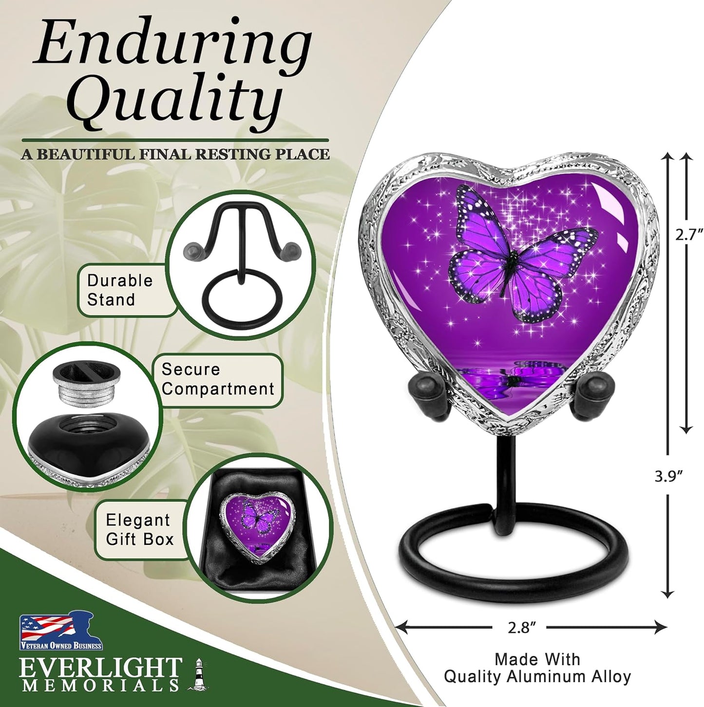 Heart Shaped Small Keepsake Cremation Urns for Human Ashes - Purple Butterfly