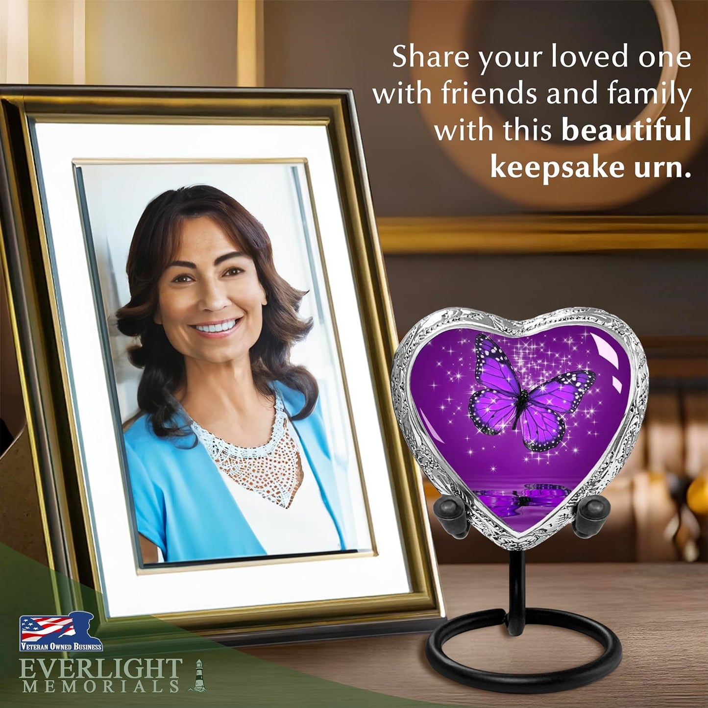 Heart Shaped Small Keepsake Cremation Urns for Human Ashes - Purple Butterfly