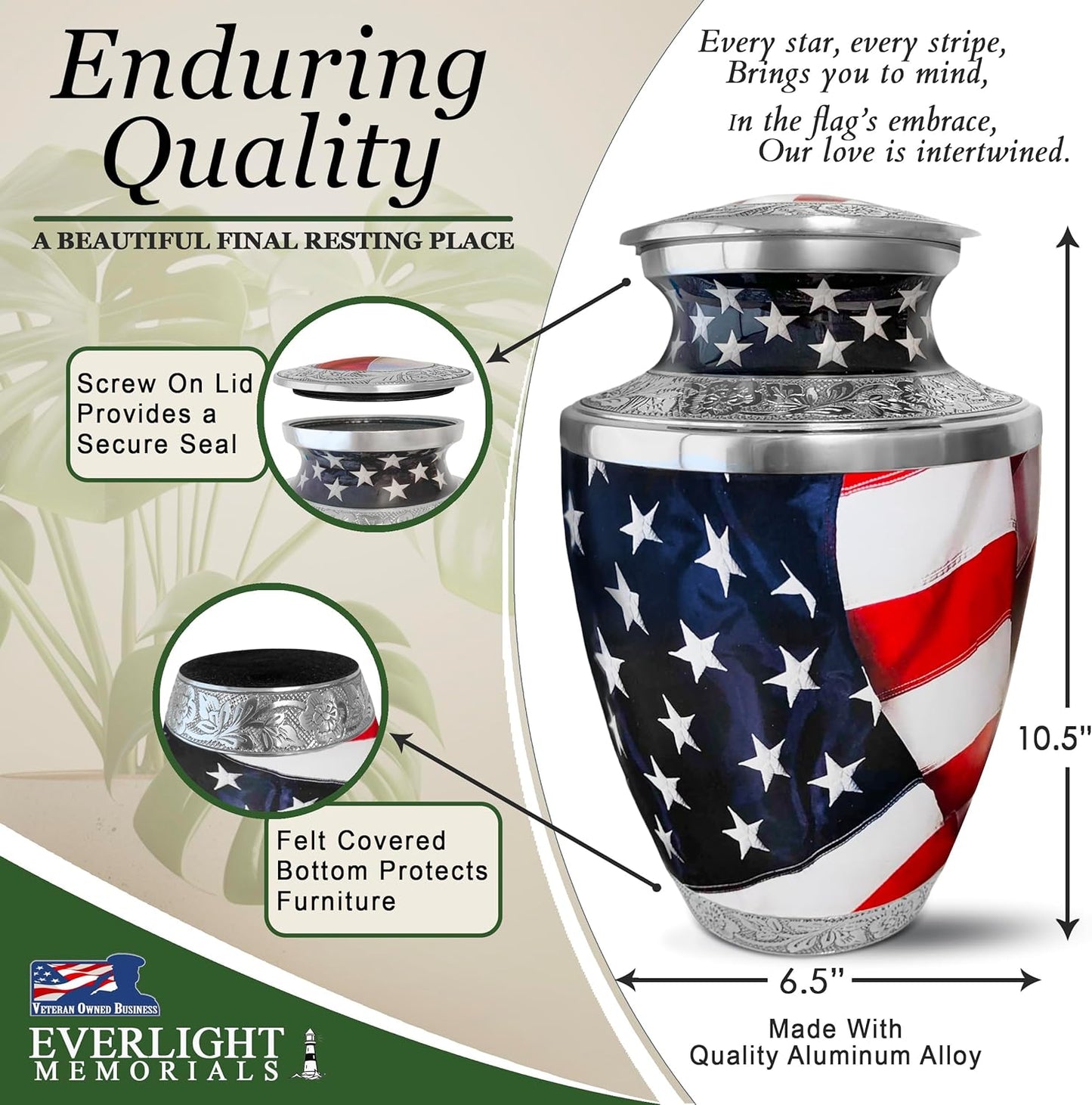 American Flag Adult Cremation Urn for Human Ashes, Large with Velvet Bag