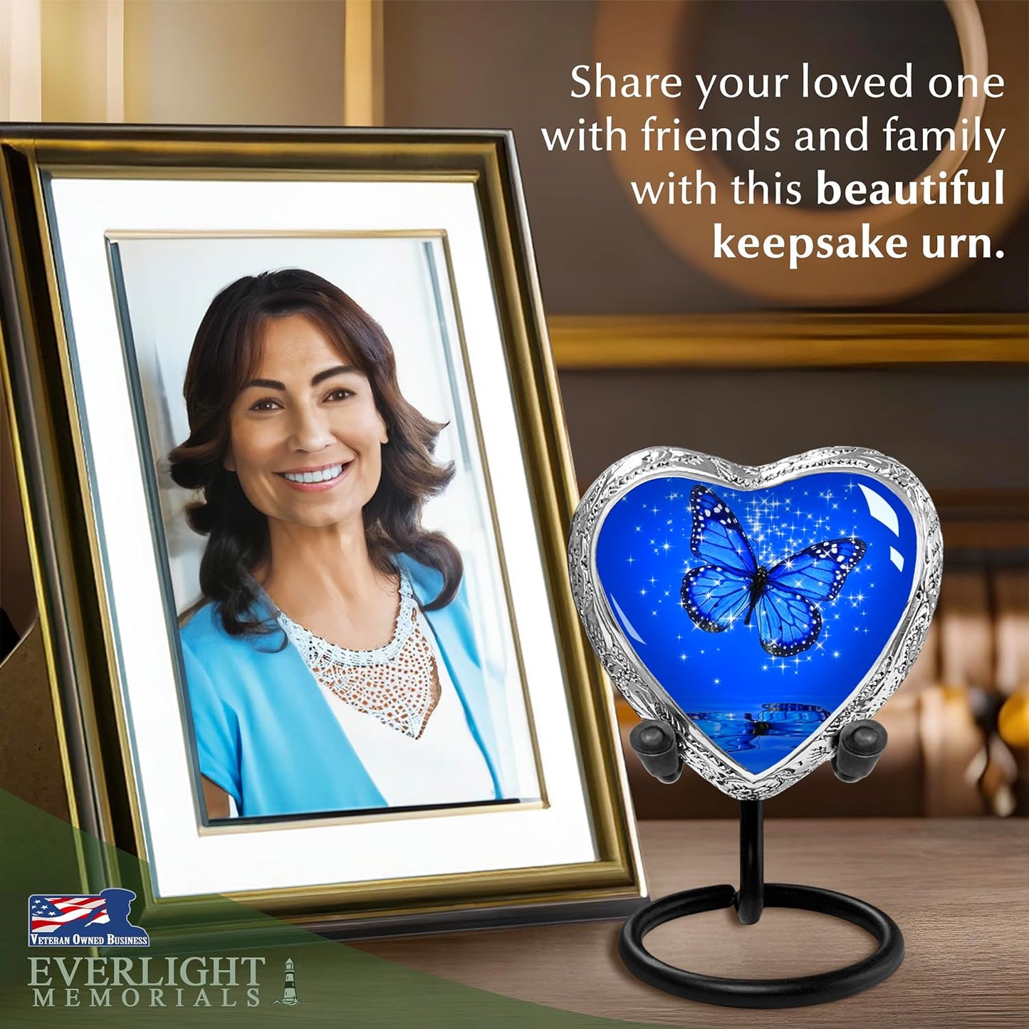 Heart Shaped Small Keepsake Cremation Urns for Human Ashes - Dark Blue Butterfly