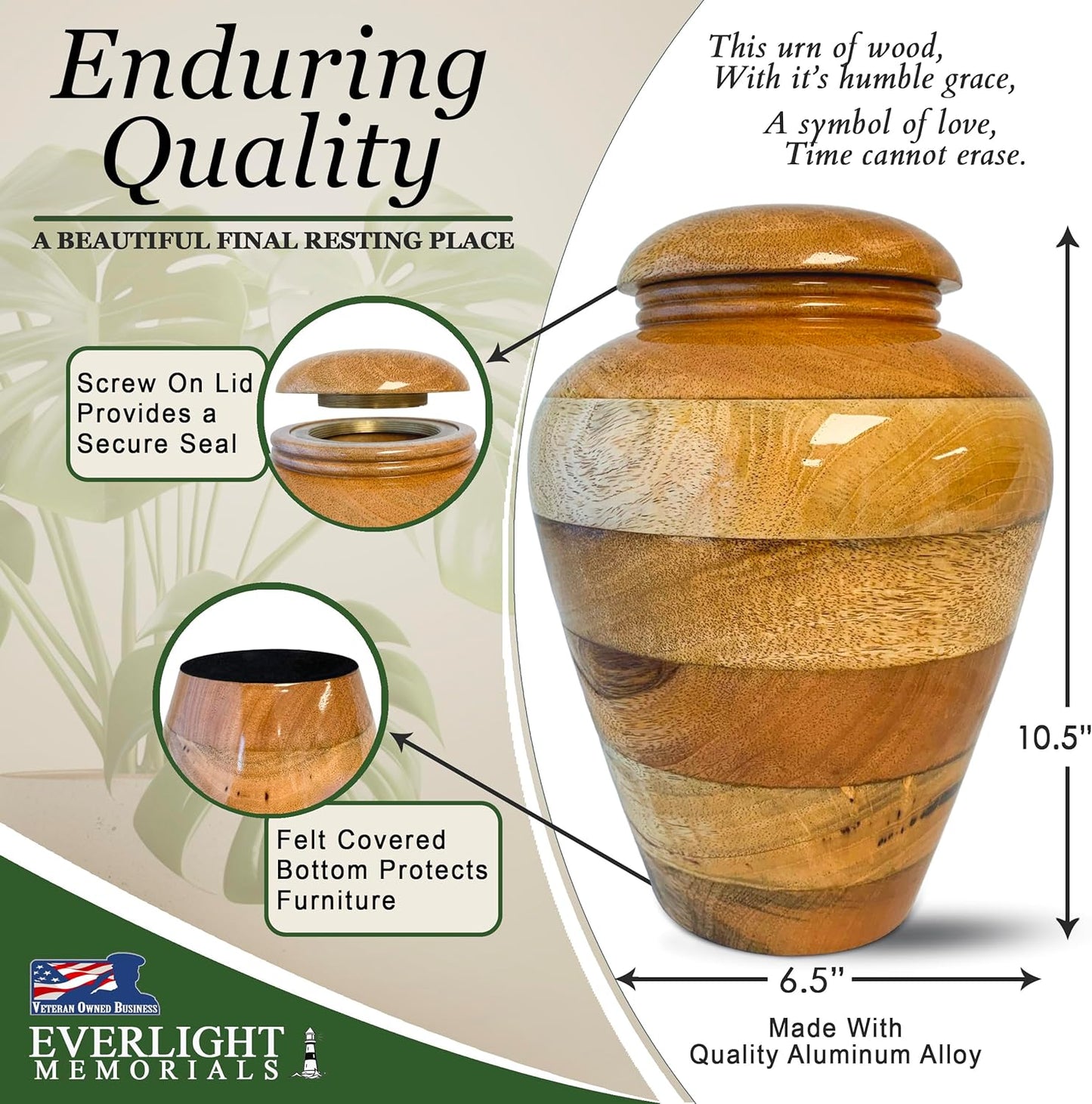 Wooden Legacy Cremation Urn for Human Ashes, Large with Velvet Bag