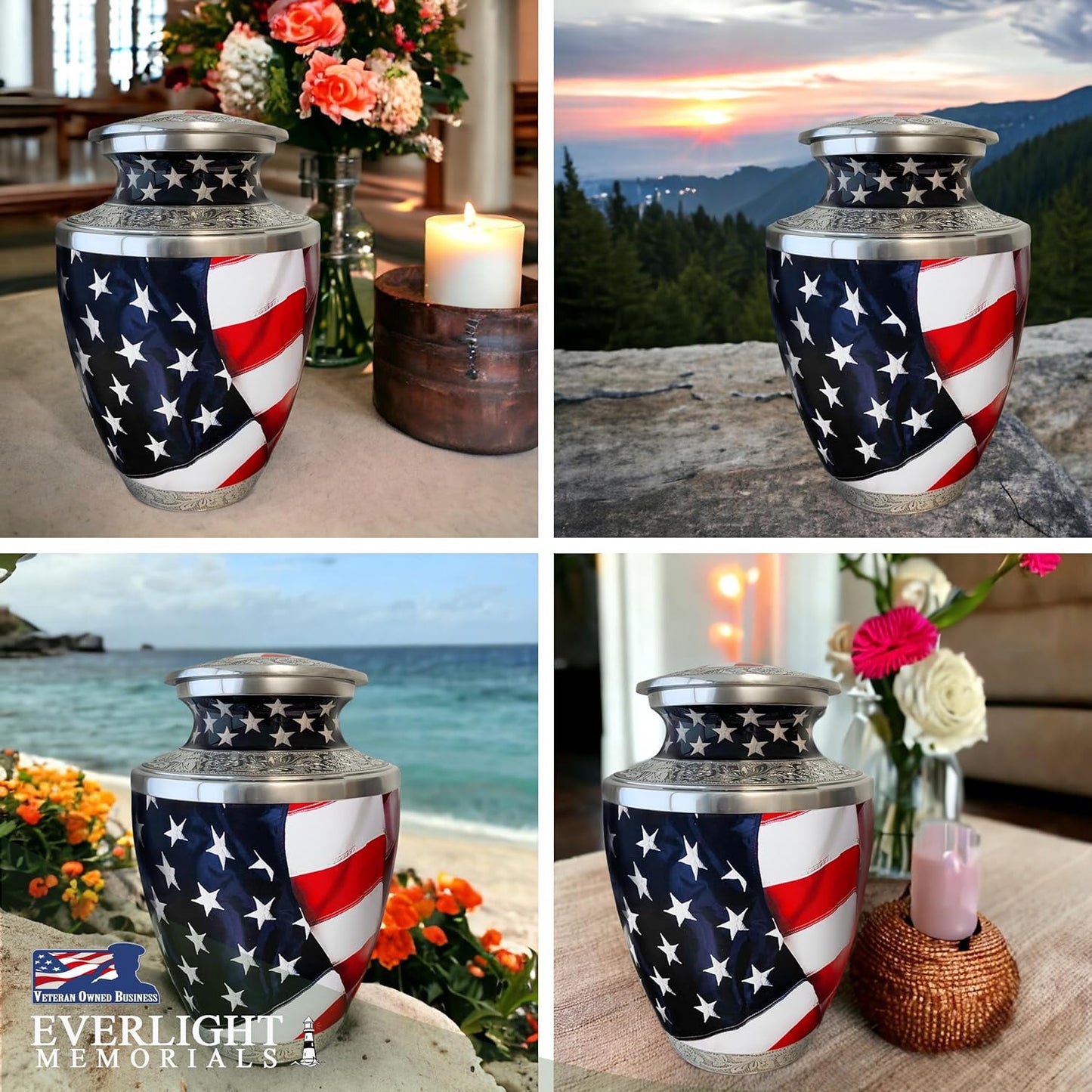 American Flag Adult Cremation Urn for Human Ashes, Large with Velvet Bag