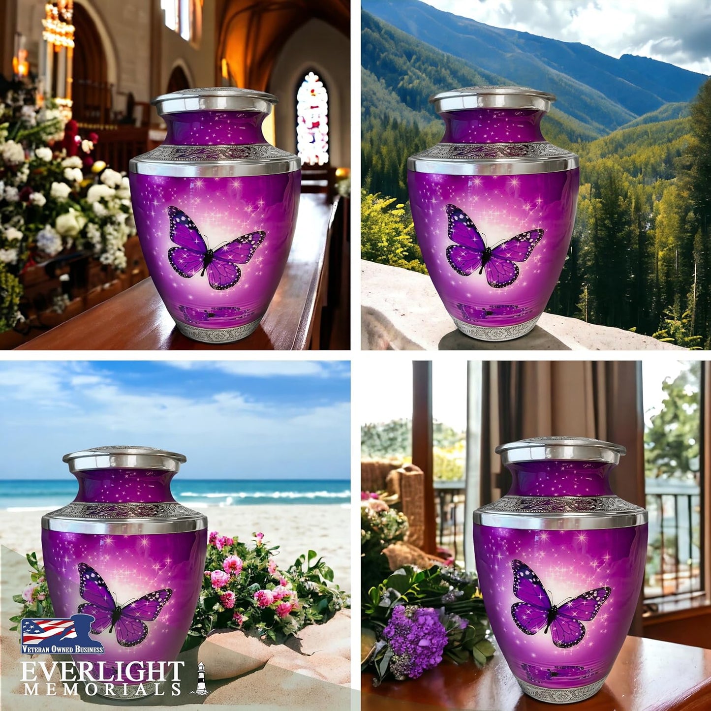 Purple Butterfly Cremation Urn for Human Ashes, Large with Velvet Bag