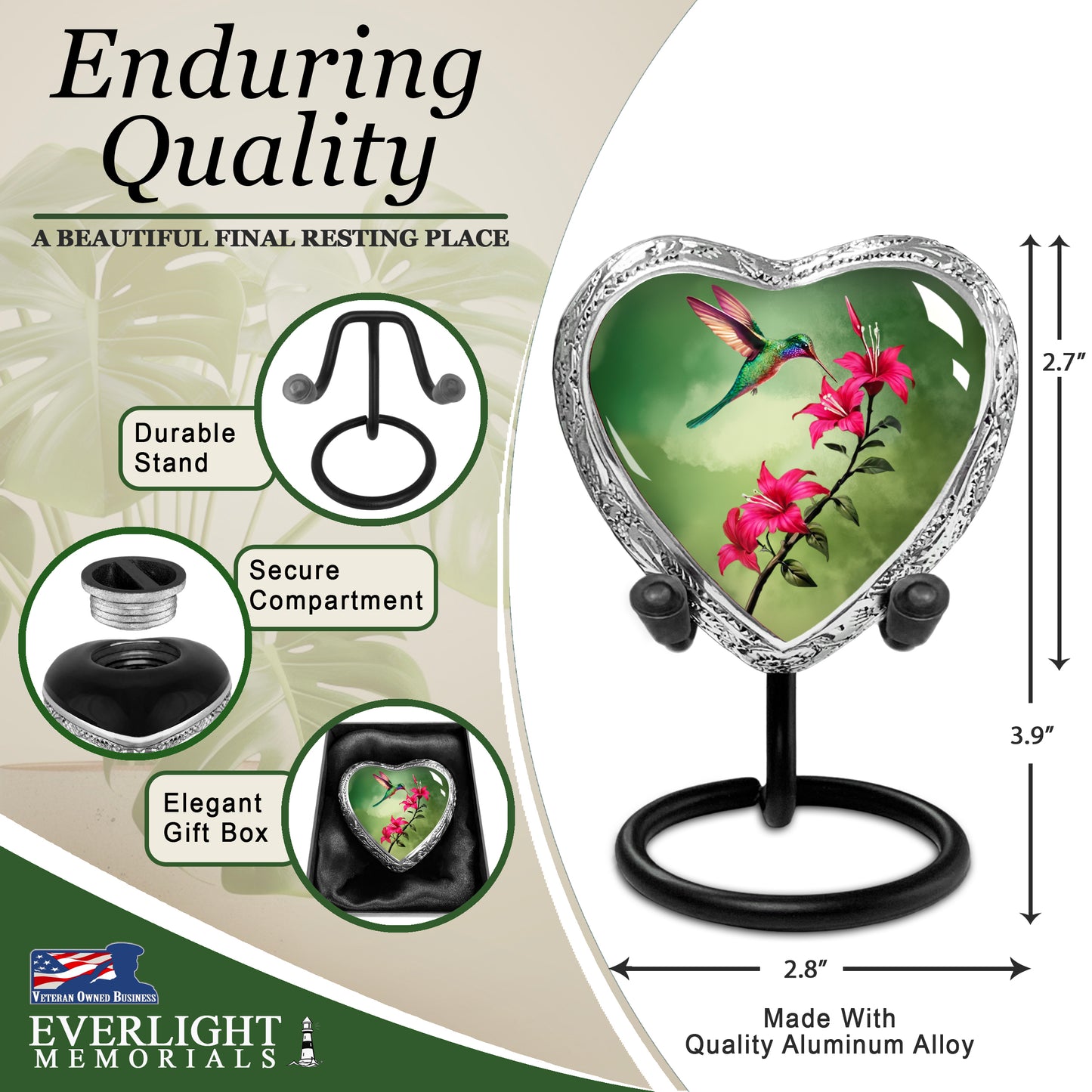 Heart Shaped Small Keepsake Cremation Urns for Human Ashes - Green Hummingbird