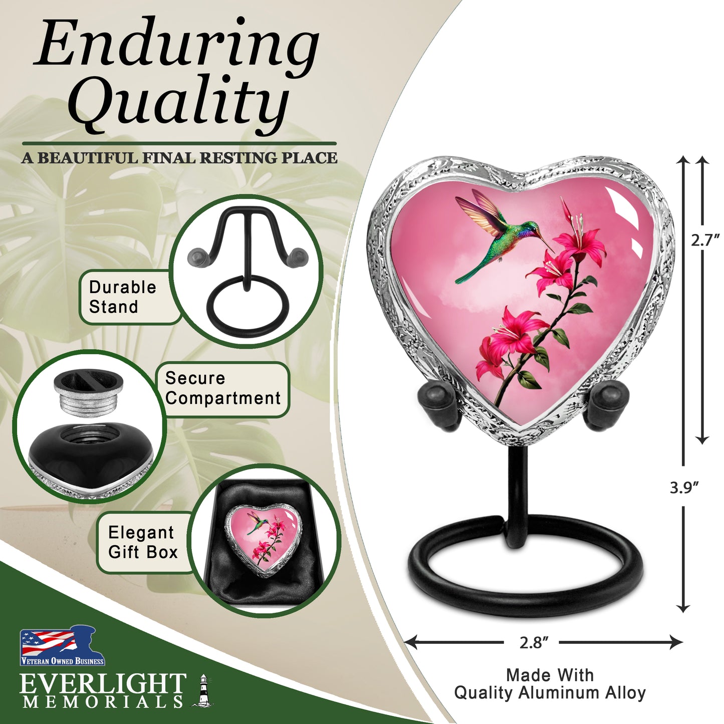 Heart Shaped Small Keepsake Cremation Urns for Human Ashes - Pink Hummingbird