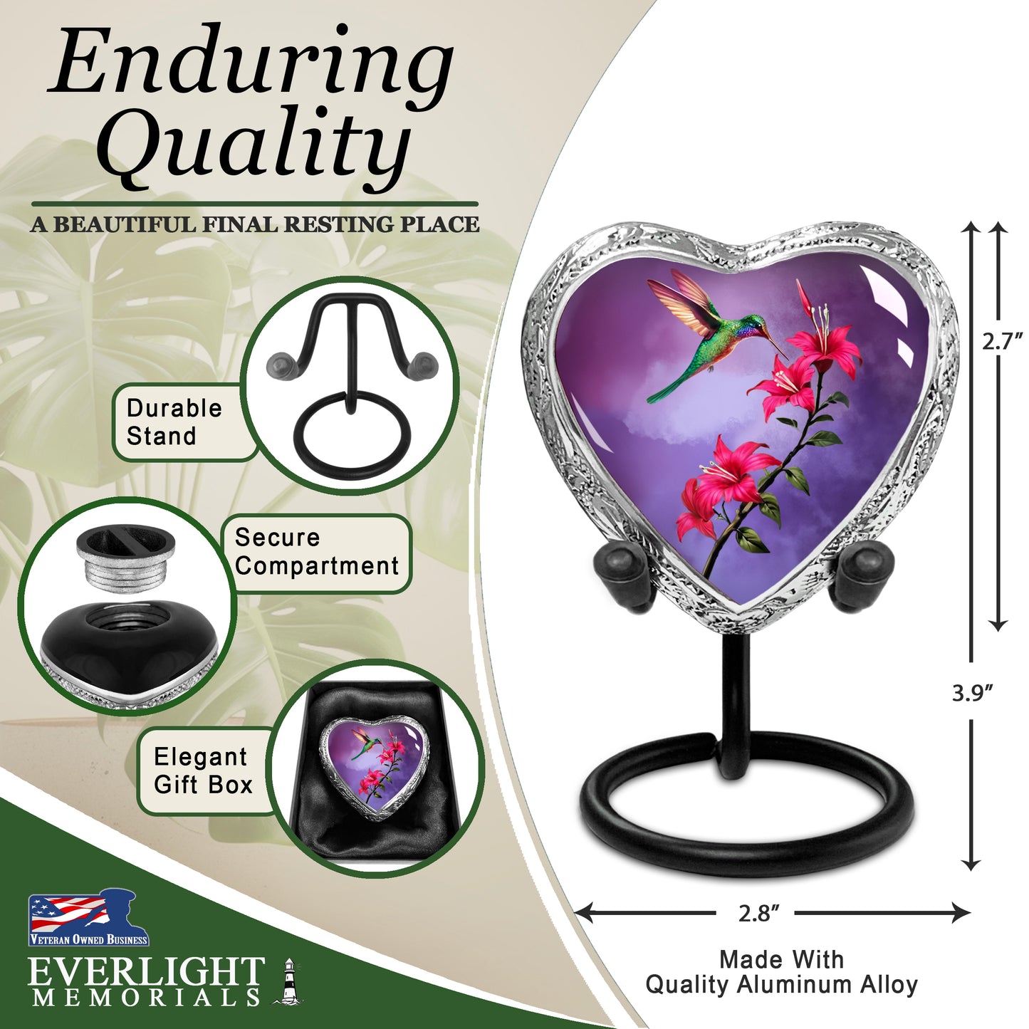 Heart Shaped Small Keepsake Cremation Urns for Human Ashes - Purple Hummingbird