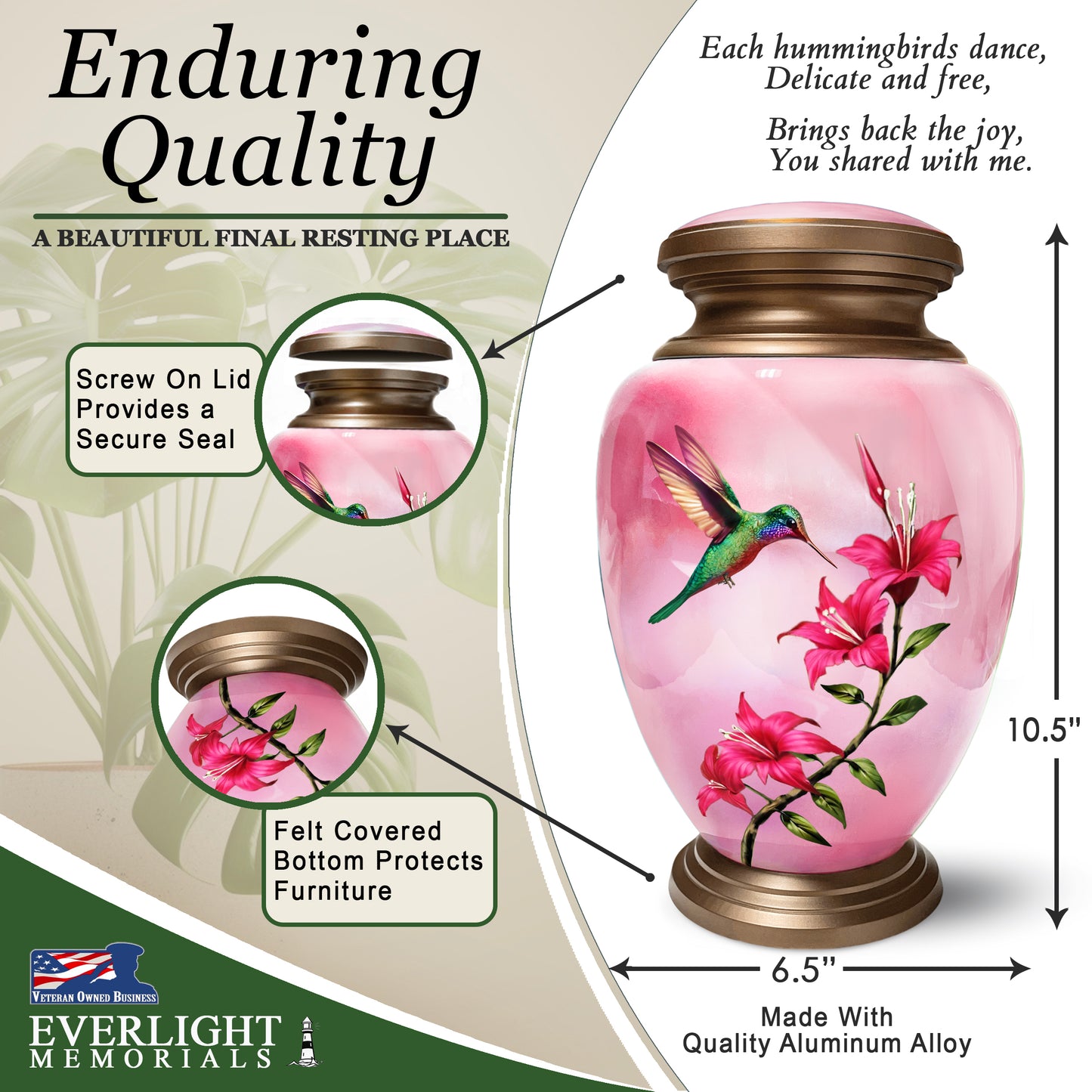 Hummingbird Pink Adult Cremation Urn for Human Ashes, Large w/ Velvet Bag