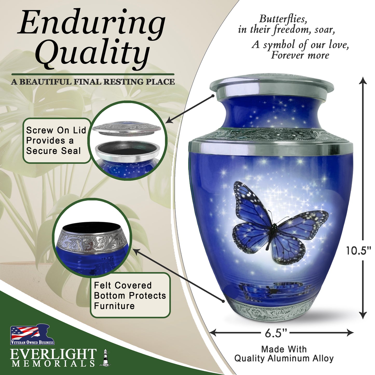 Dark Blue Butterfly Cremation Urn for Ashes, with Velvet Bag