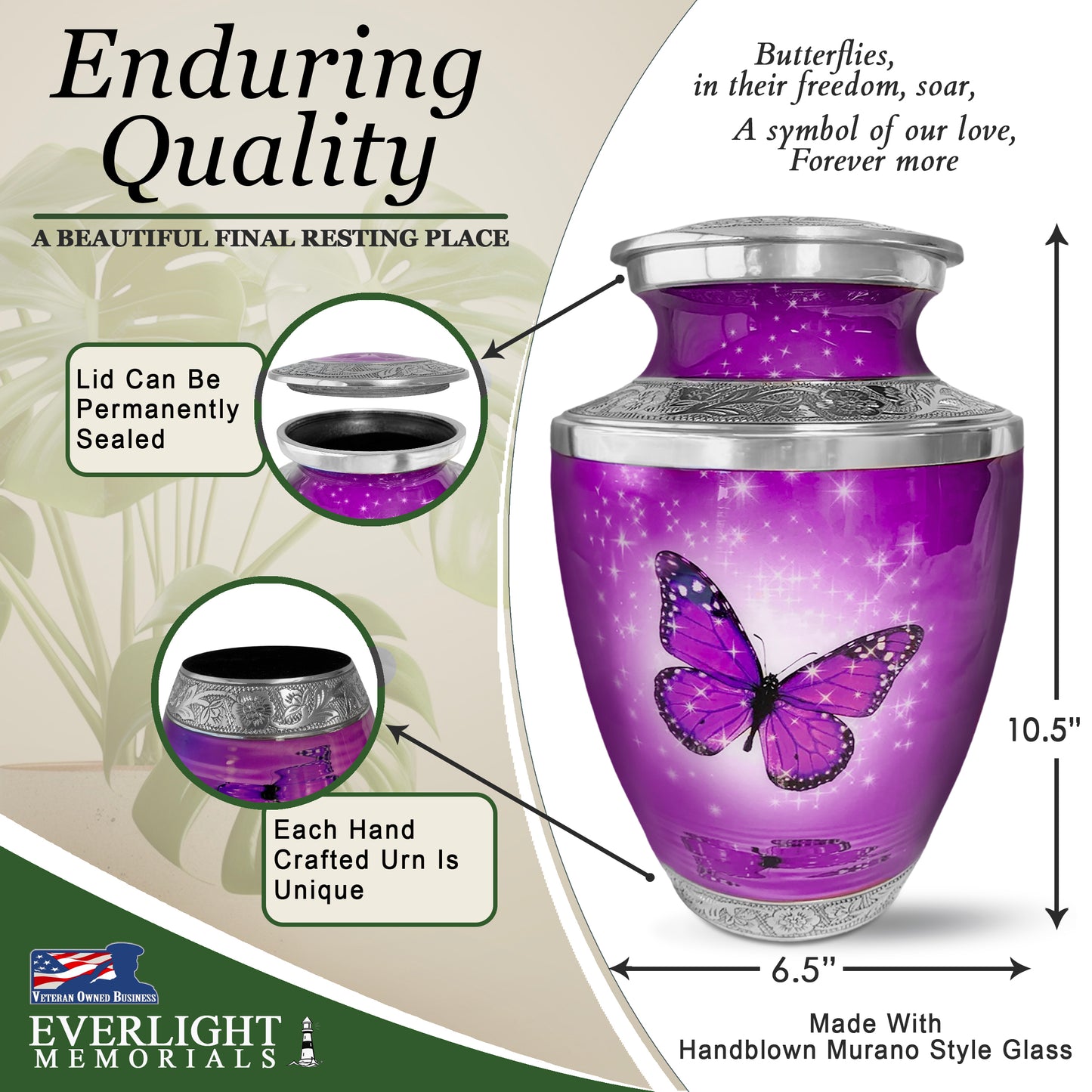 Purple Butterfly Cremation Urn for Human Ashes, Large with Velvet Bag