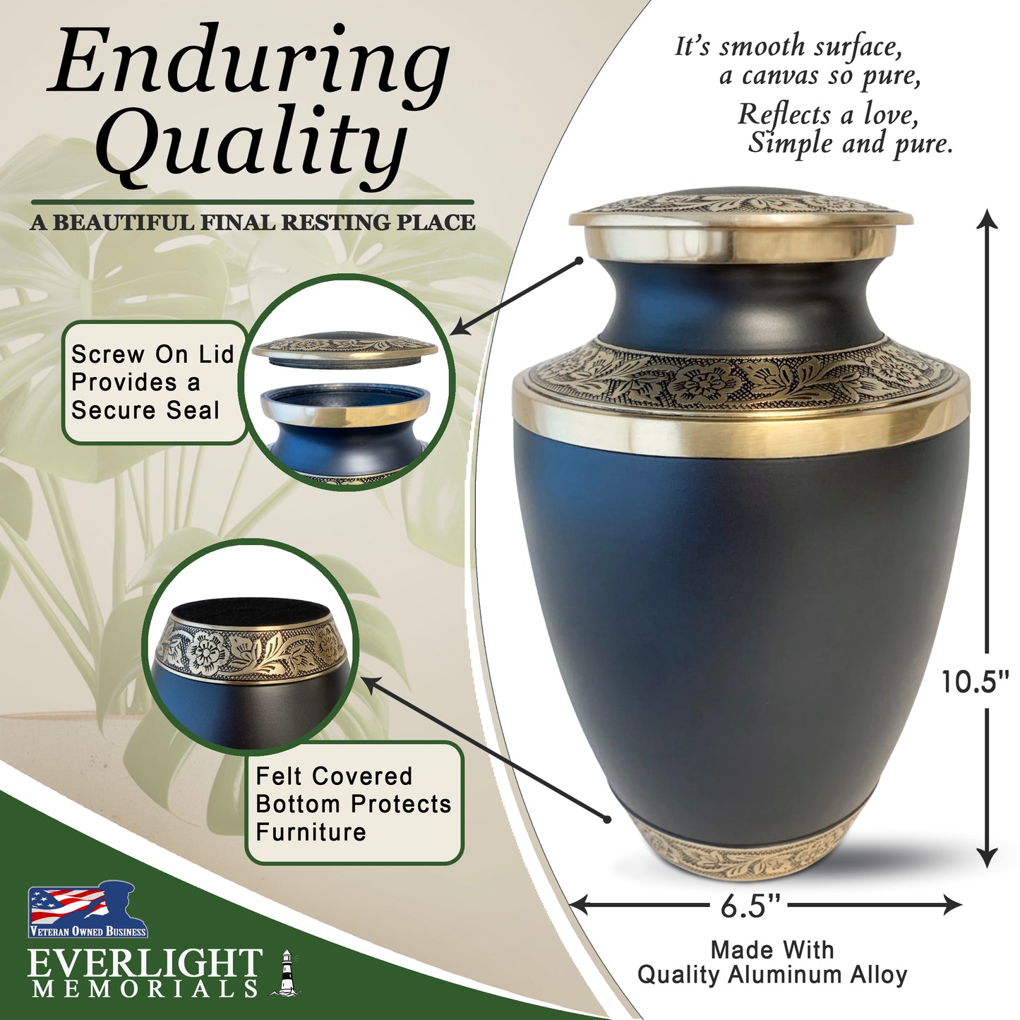 Grecian Classic Matte Adult Cremation Urn for Human Ashes, Large with Velvet Bag