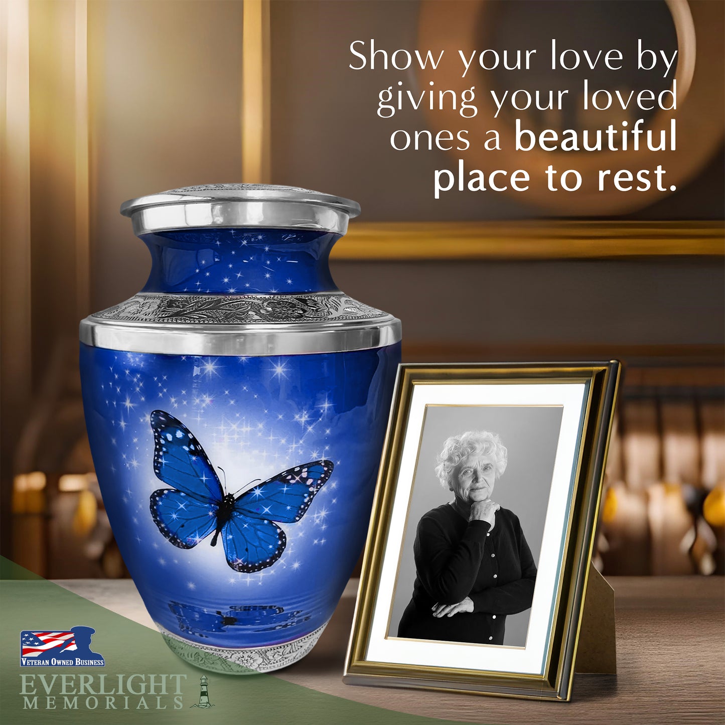 Dark Blue Butterfly Cremation Urn for Ashes, with Velvet Bag