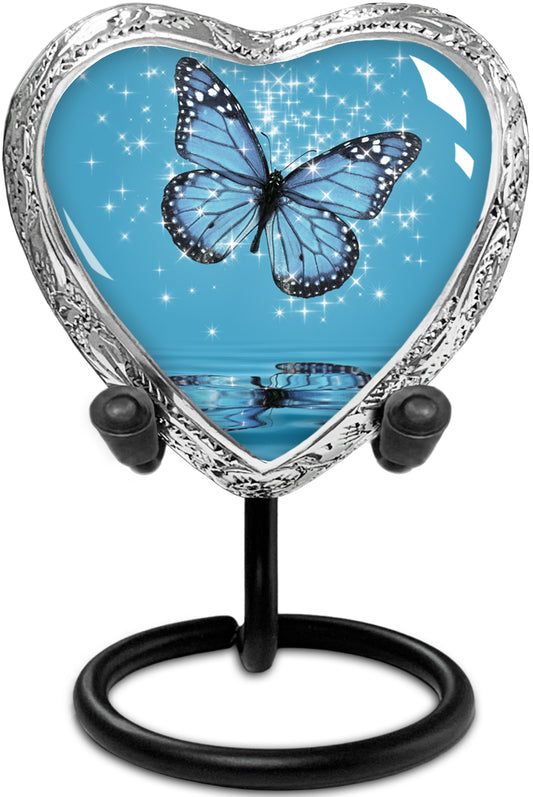 Heart Shaped Small Keepsake Cremation Urns for Human Ashes - Light Blue Butterfly