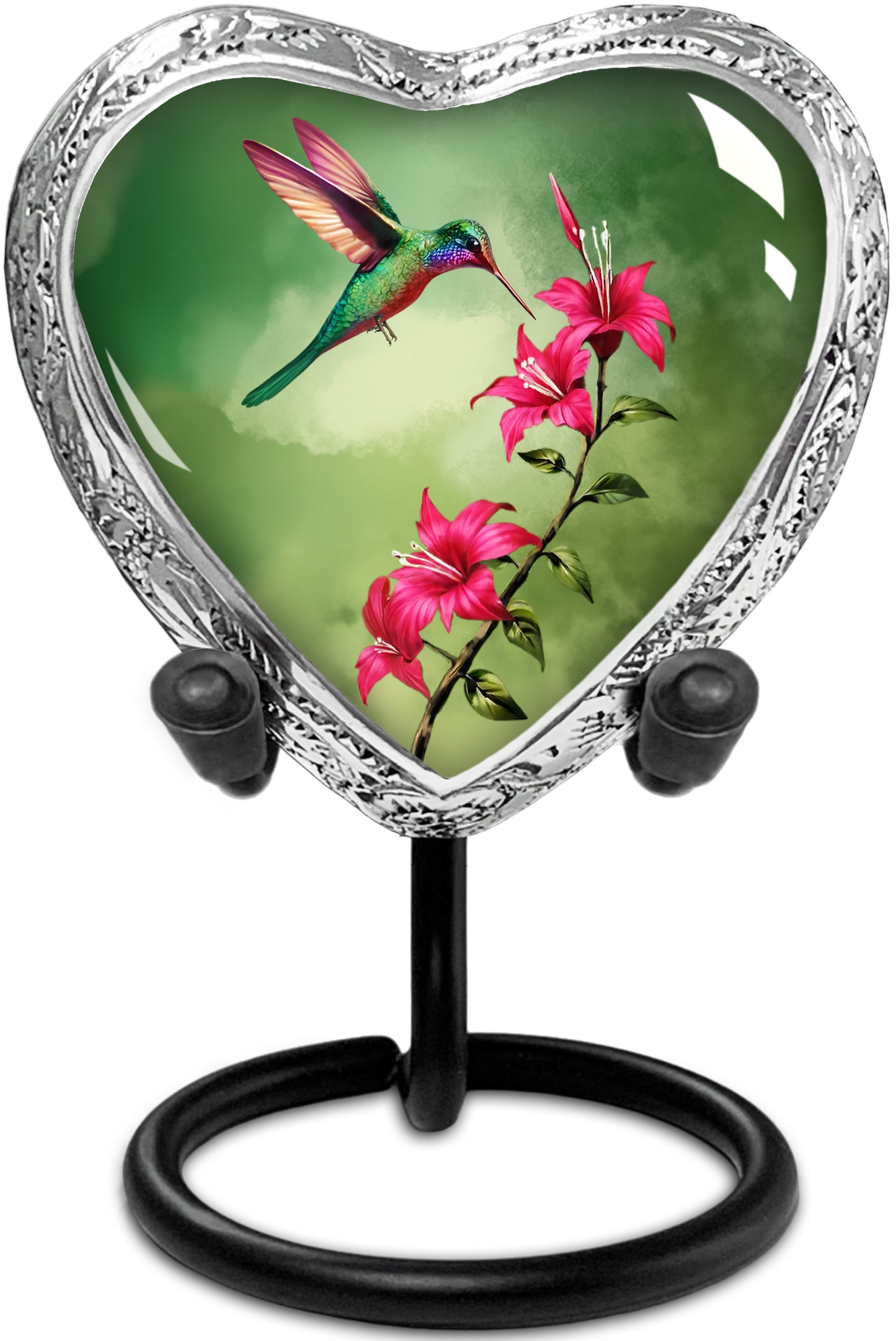 Heart Shaped Small Keepsake Cremation Urns for Human Ashes - Green Hummingbird