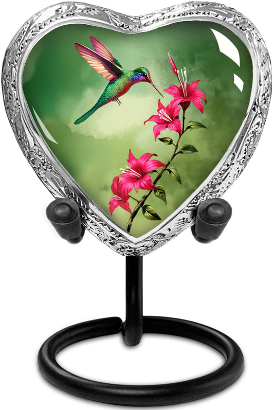 Heart Shaped Small Keepsake Cremation Urns for Human Ashes - Green Hummingbird