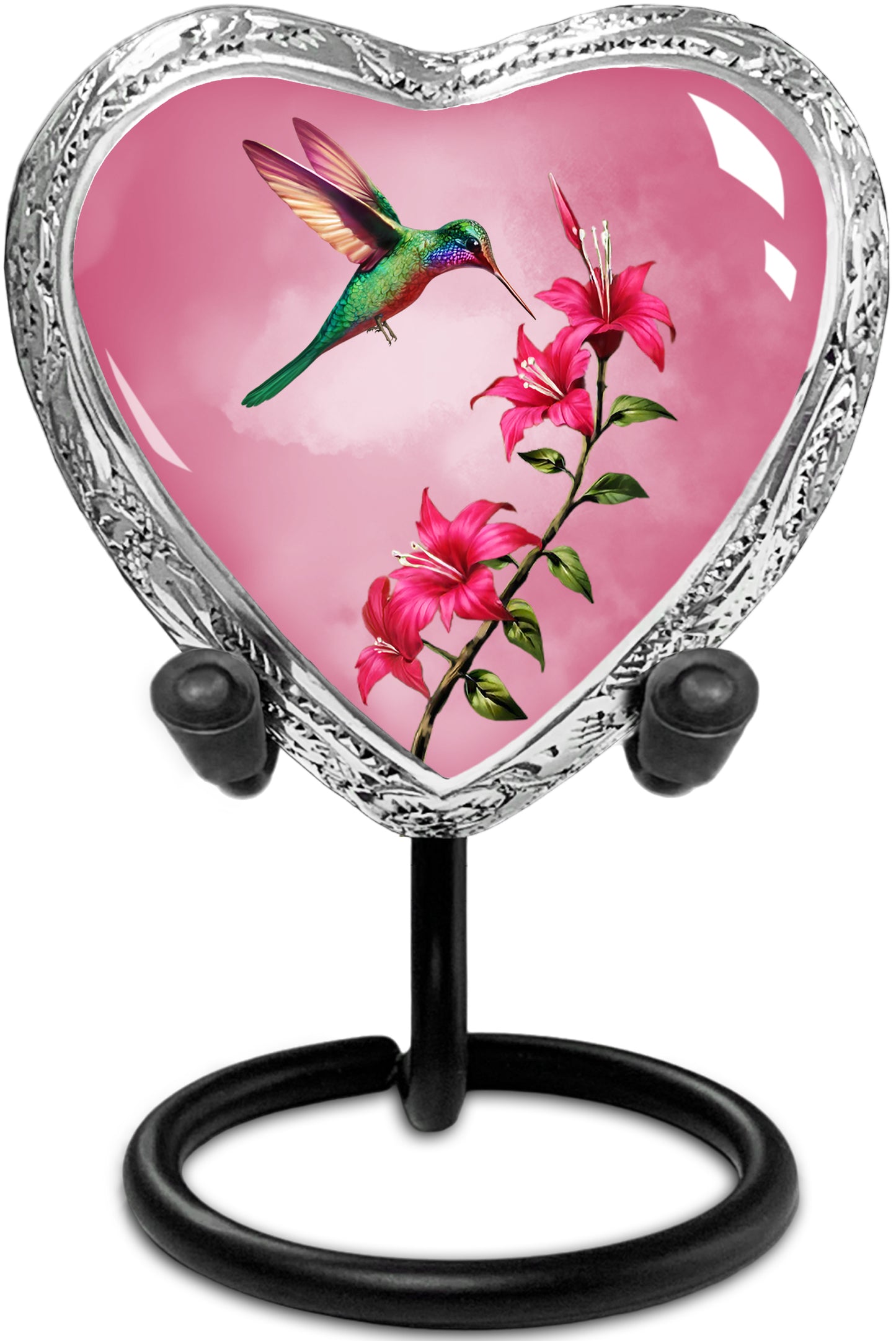 Heart Shaped Small Keepsake Cremation Urns for Human Ashes - Pink Hummingbird