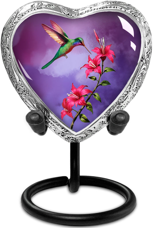 Heart Shaped Small Keepsake Cremation Urns for Human Ashes - Purple Hummingbird