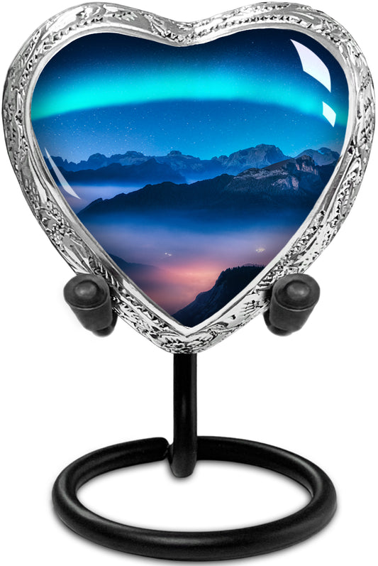 Heart Shaped Small Keepsake Cremation Urns for Human Ashes - Aurora Borealis