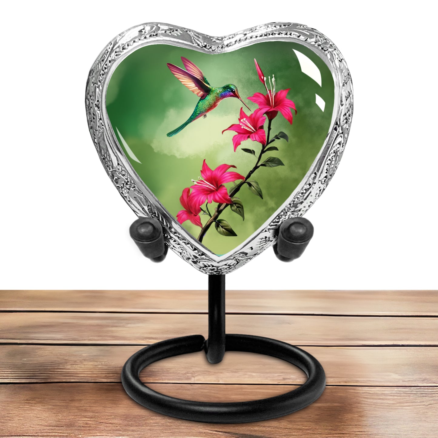 Heart Shaped Small Keepsake Cremation Urns for Human Ashes - Green Hummingbird