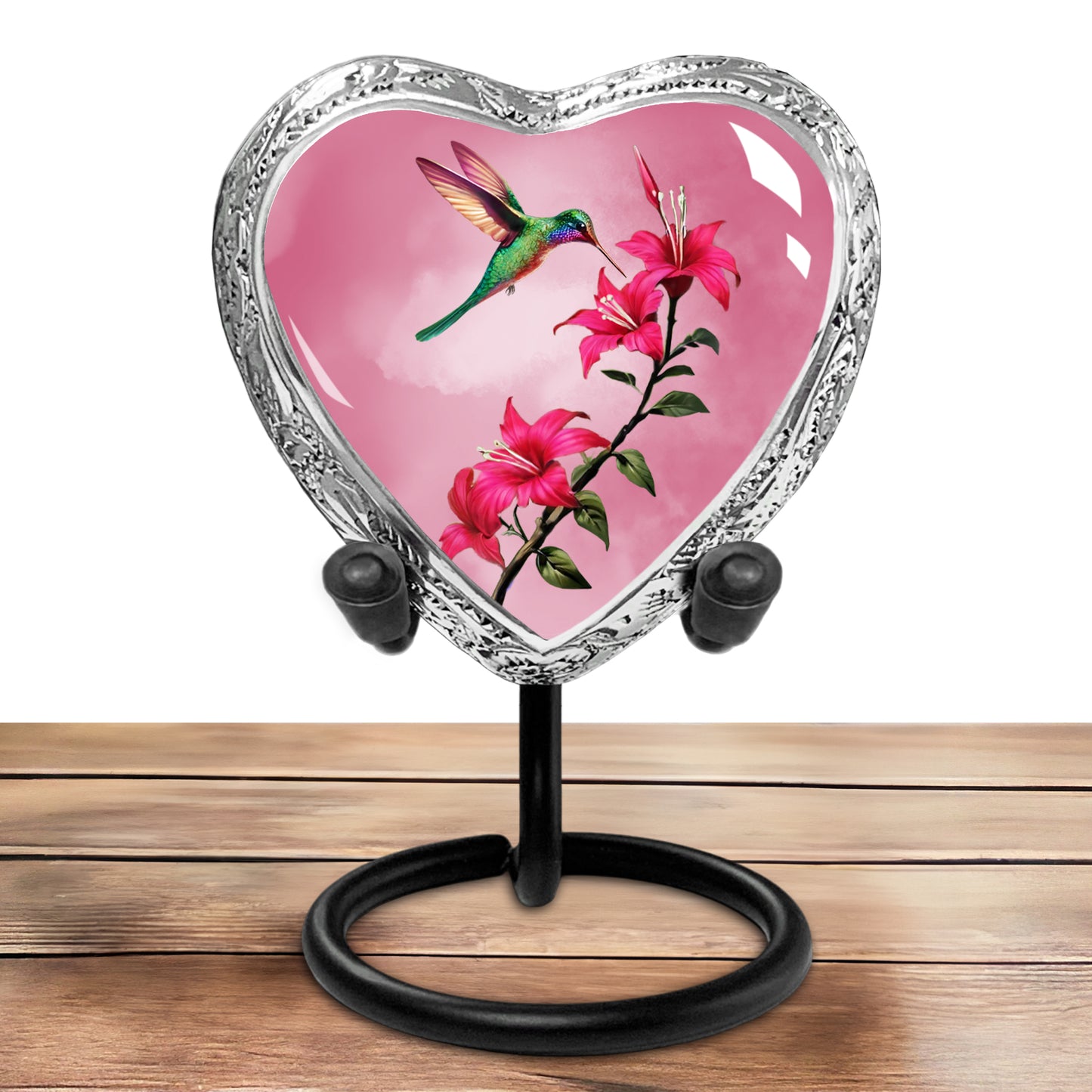 Heart Shaped Small Keepsake Cremation Urns for Human Ashes - Pink Hummingbird