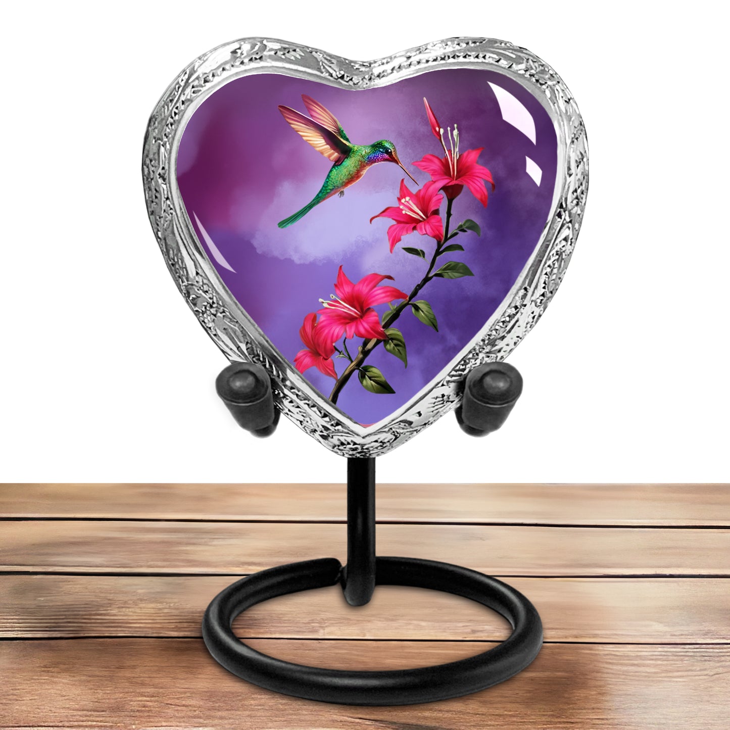 Heart Shaped Small Keepsake Cremation Urns for Human Ashes - Purple Hummingbird