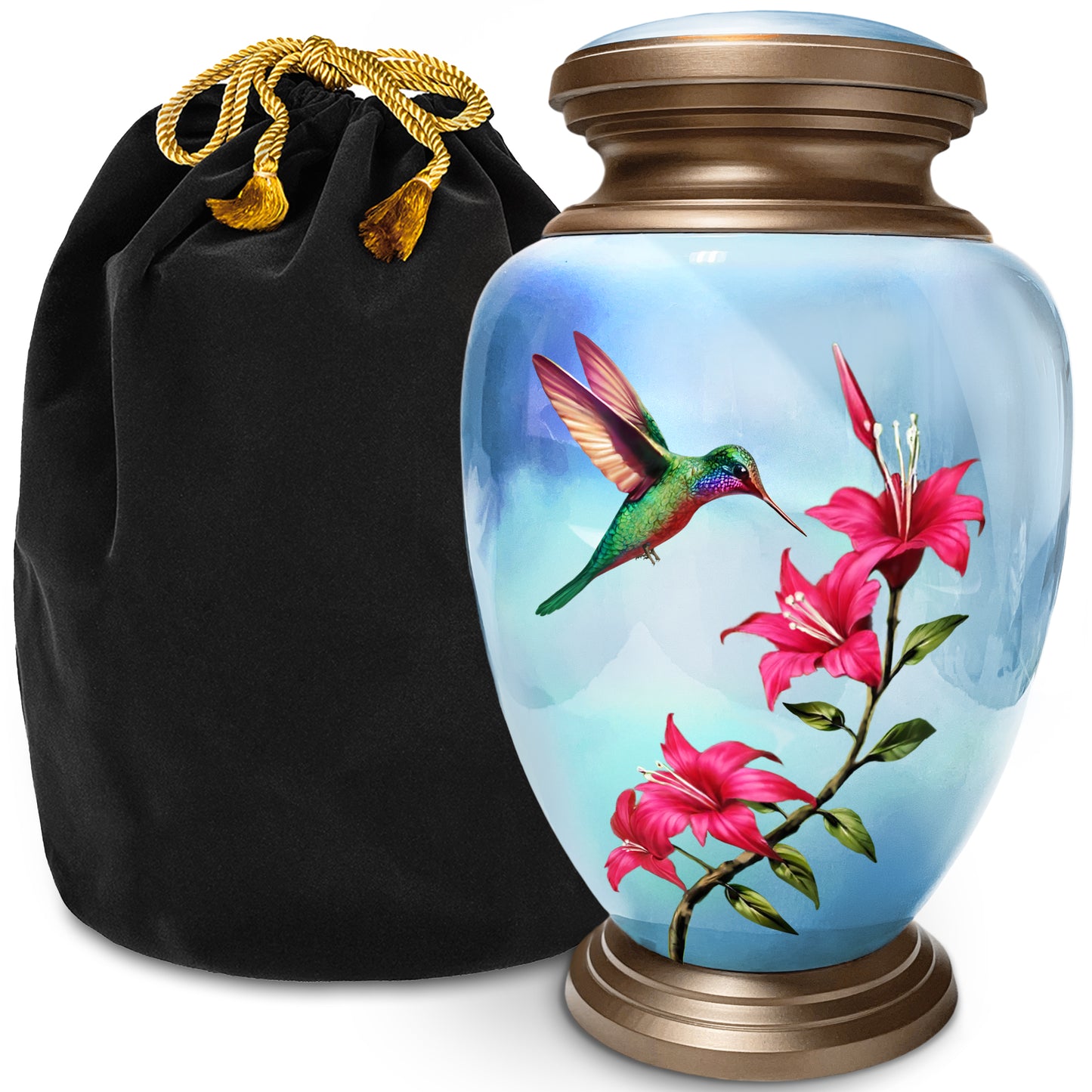 Hummingbird Blue Adult Cremation Urn for Human Ashes, Large w/ Velvet Bag