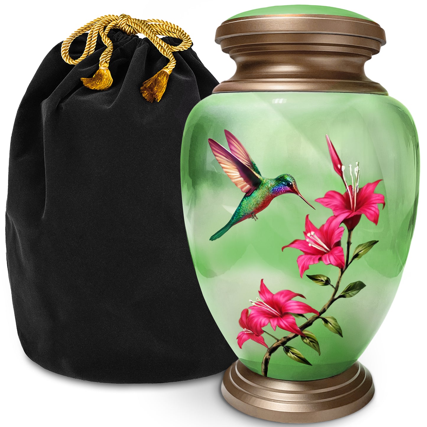 Hummingbird Green Adult Cremation Urn for Human Ashes, Large w/ Velvet Bag