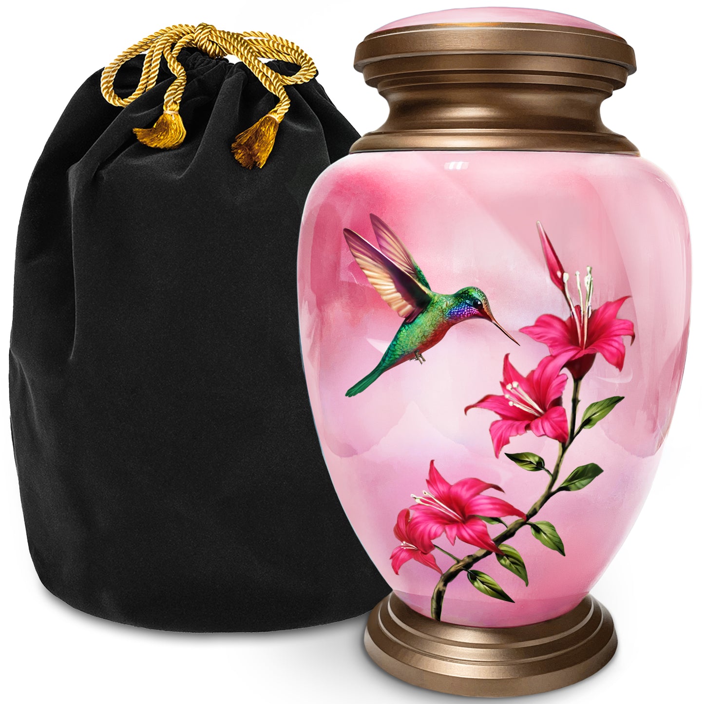 Hummingbird Pink Adult Cremation Urn for Human Ashes, Large w/ Velvet Bag