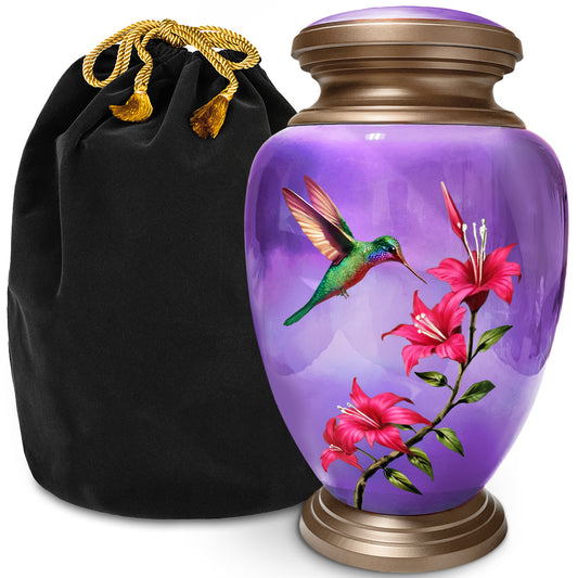 Hummingbird Purple Adult Cremation Urn for Human Ashes, Large w/ Velvet Bag