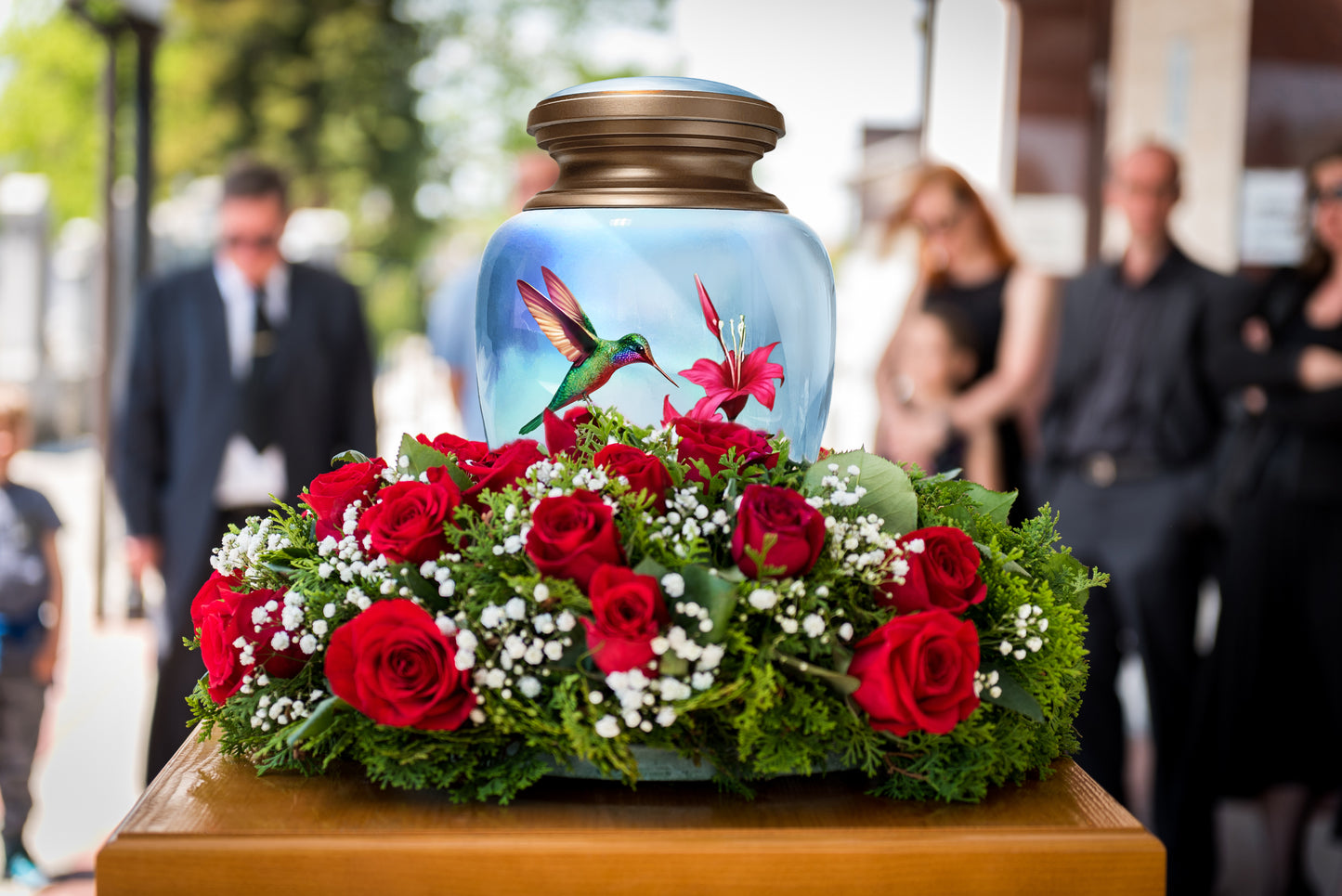 Hummingbird Blue Adult Cremation Urn for Human Ashes, Large w/ Velvet Bag