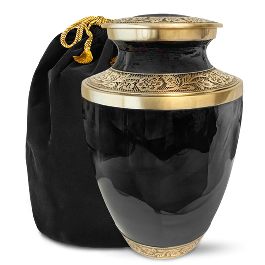 Grecian Classic Black Adult Cremation Urn for Human Ashes, Large with Velvet Bag