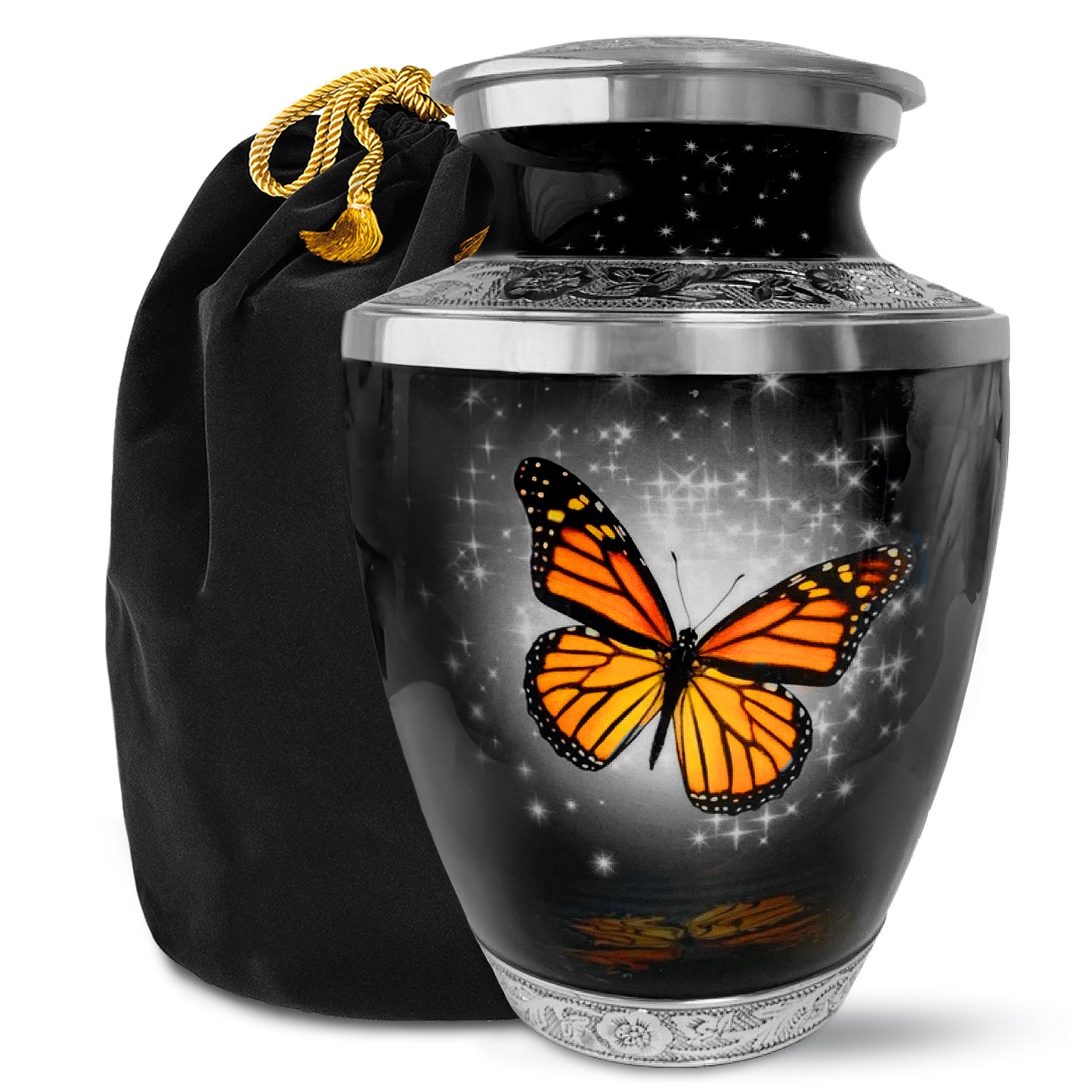 Black Butterfly Cremation Urn for Ashes, Large with Velvet Bag